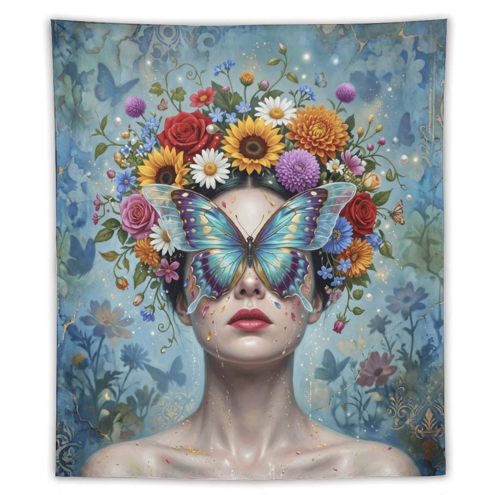 H3B8U2Y5 Butterfly Woman Flower Crown Wall Tapestry, Ceiling Hanging