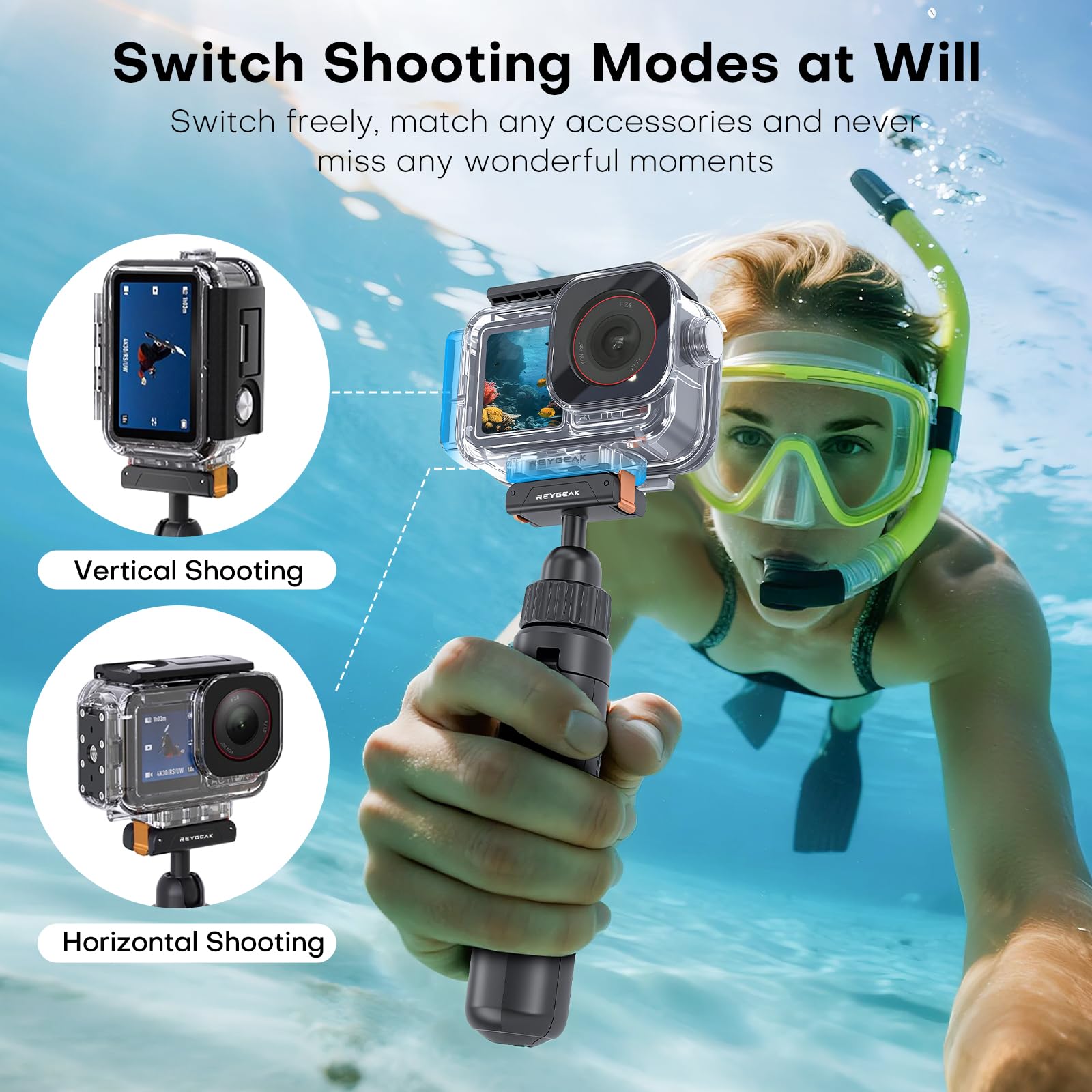 REYGEAK Wasserdichtes Gehäuse für Osmo Action 5 Pro/Action4/3, 40 m Tauch-Schutzhülle für DJI Osmo Action 4/3 Action 5/4/3 Magnetische Adapterhalterung ，Antibeschlagfolie