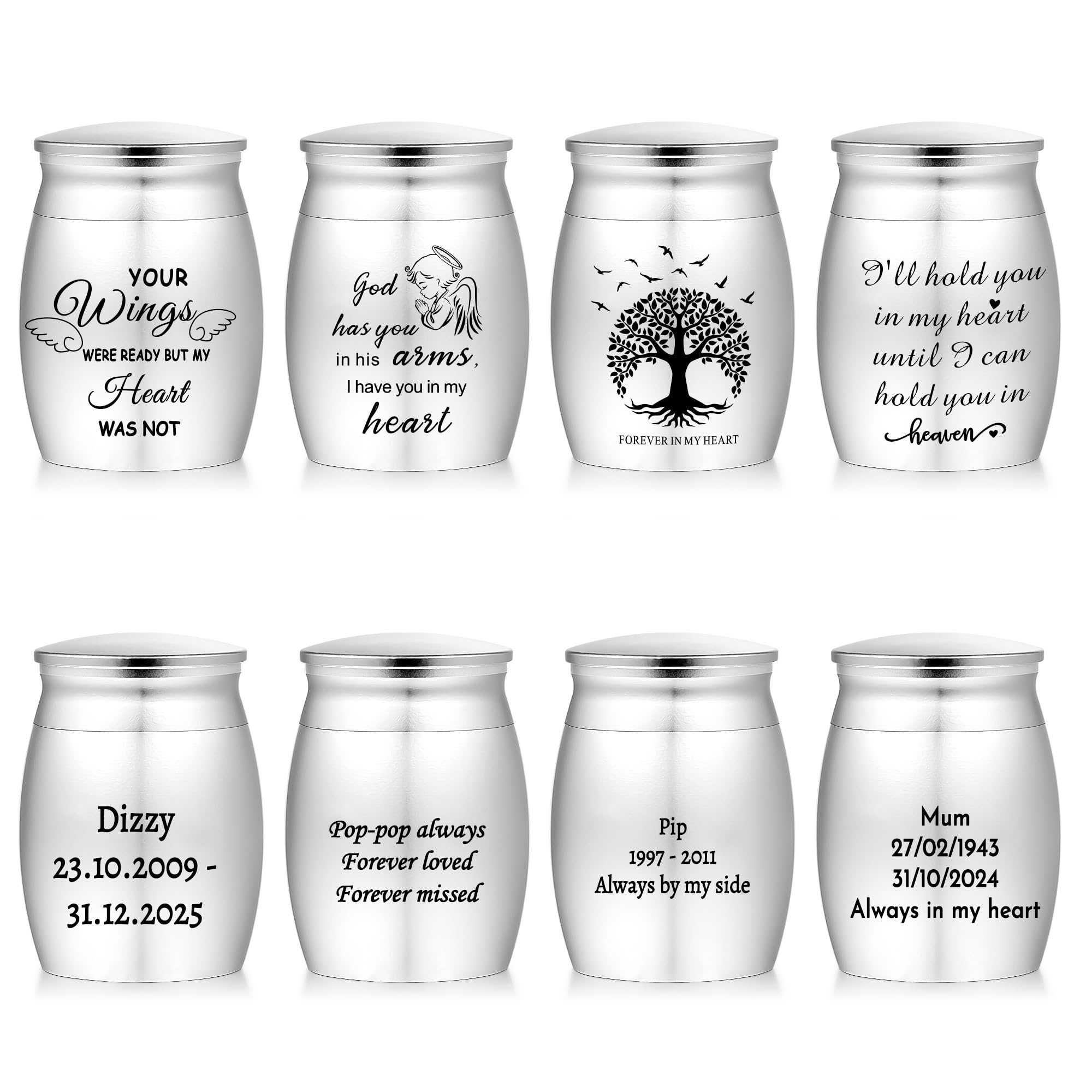 Gredstar Small Urns for Ashes, Set of 4 Mini Cremation Containers for Pet and Human Ashes, Memorial Gifts for Loved Ones (Silver, Customizable)