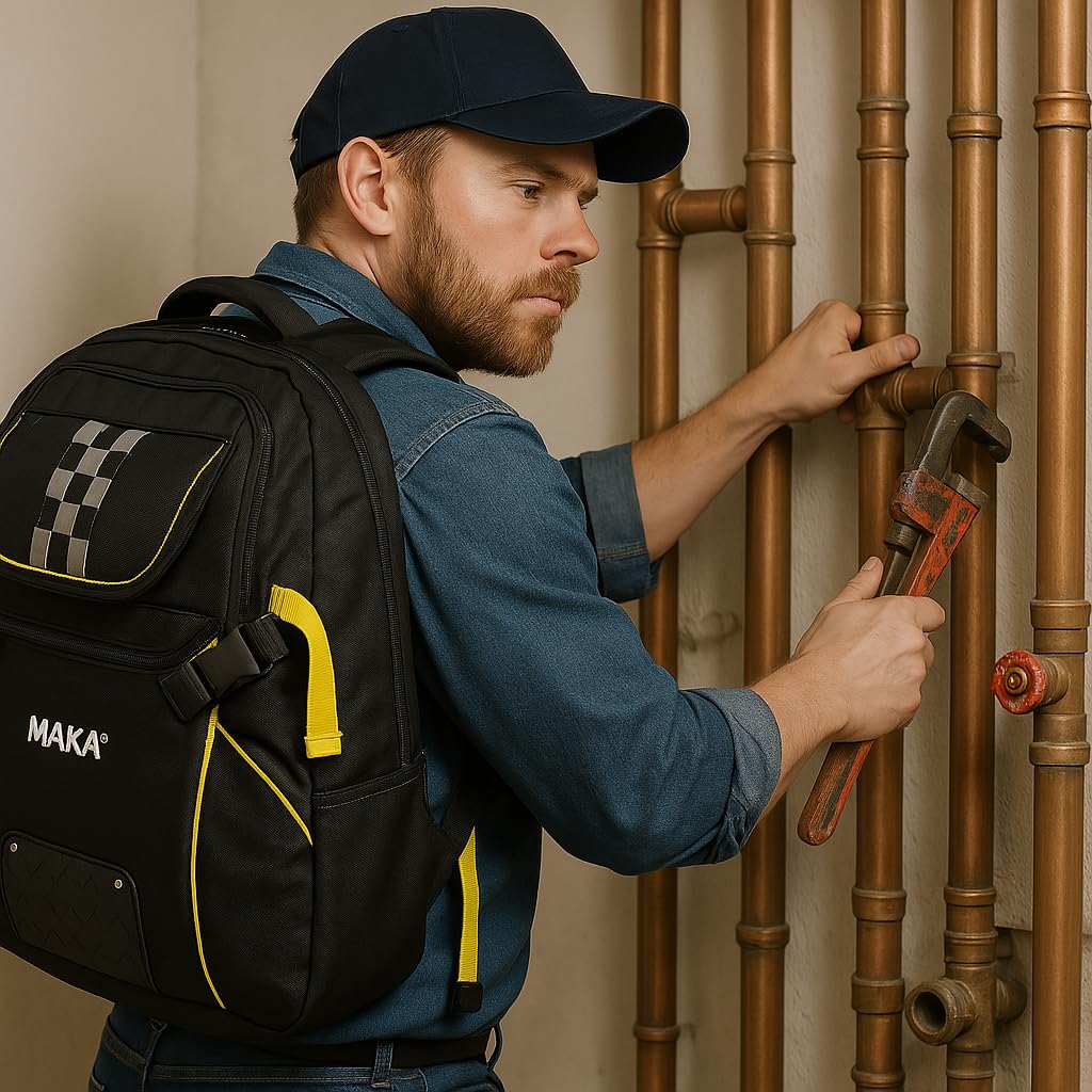 MAKA Zaino Porta Attrezzi da Lavoro, 51 Scomparti, 40L, Porta fino a 20kg, Clip Incastro, Piedi in Gomma Antiscivolo, Impermeabile agli Schizzi, Traspirante, Zaino Borsa Attrezzi Elettricista