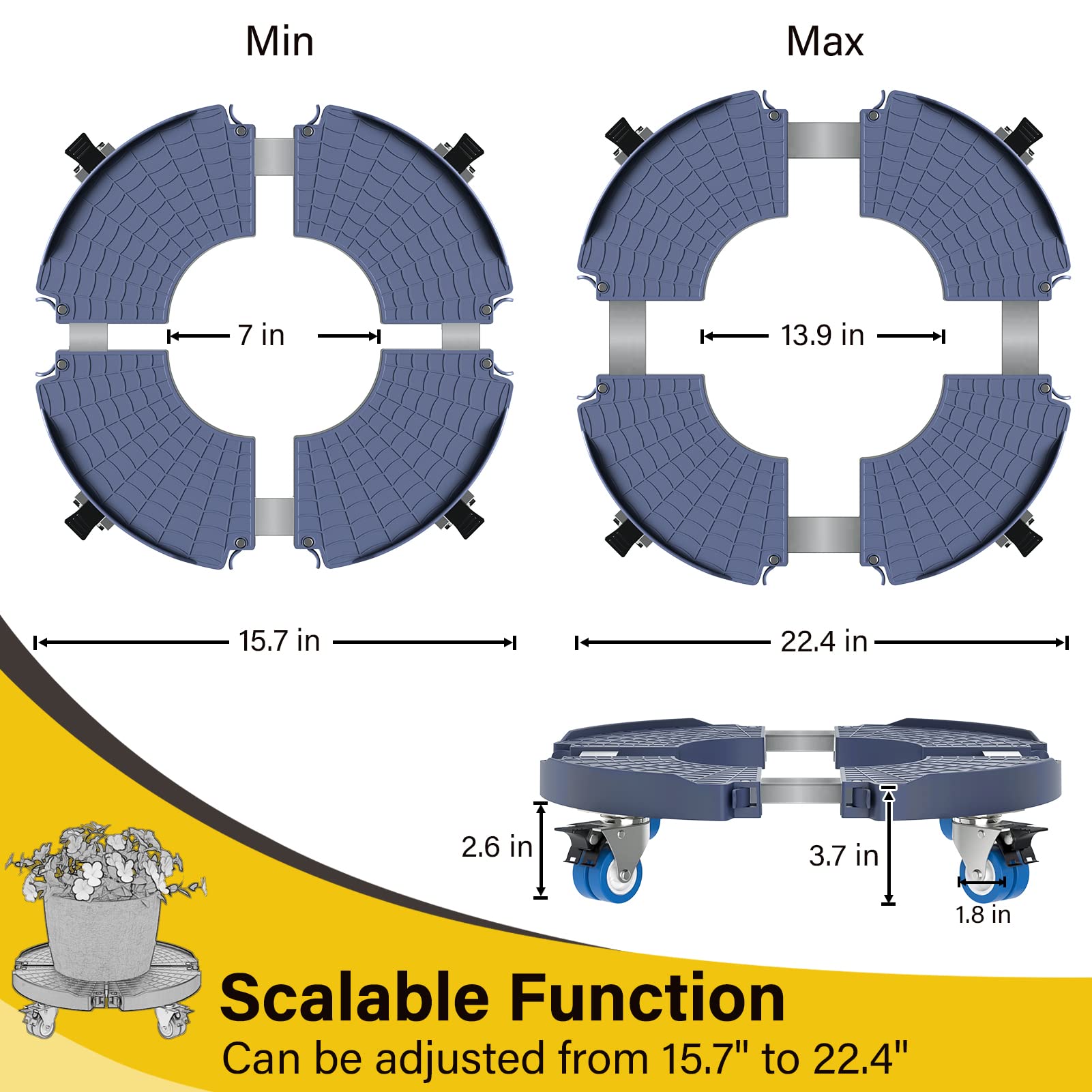 Goovilla Plant Stand with Wheels Heavy Duty, 2Pack Adjustable 15-22 Plant Caddy with Lockable Caster Wheels 440LBS, Rolling Plant Stand/Dolly/Roller for Indoor Outdoor Large Planter, Flower Pot, Blue