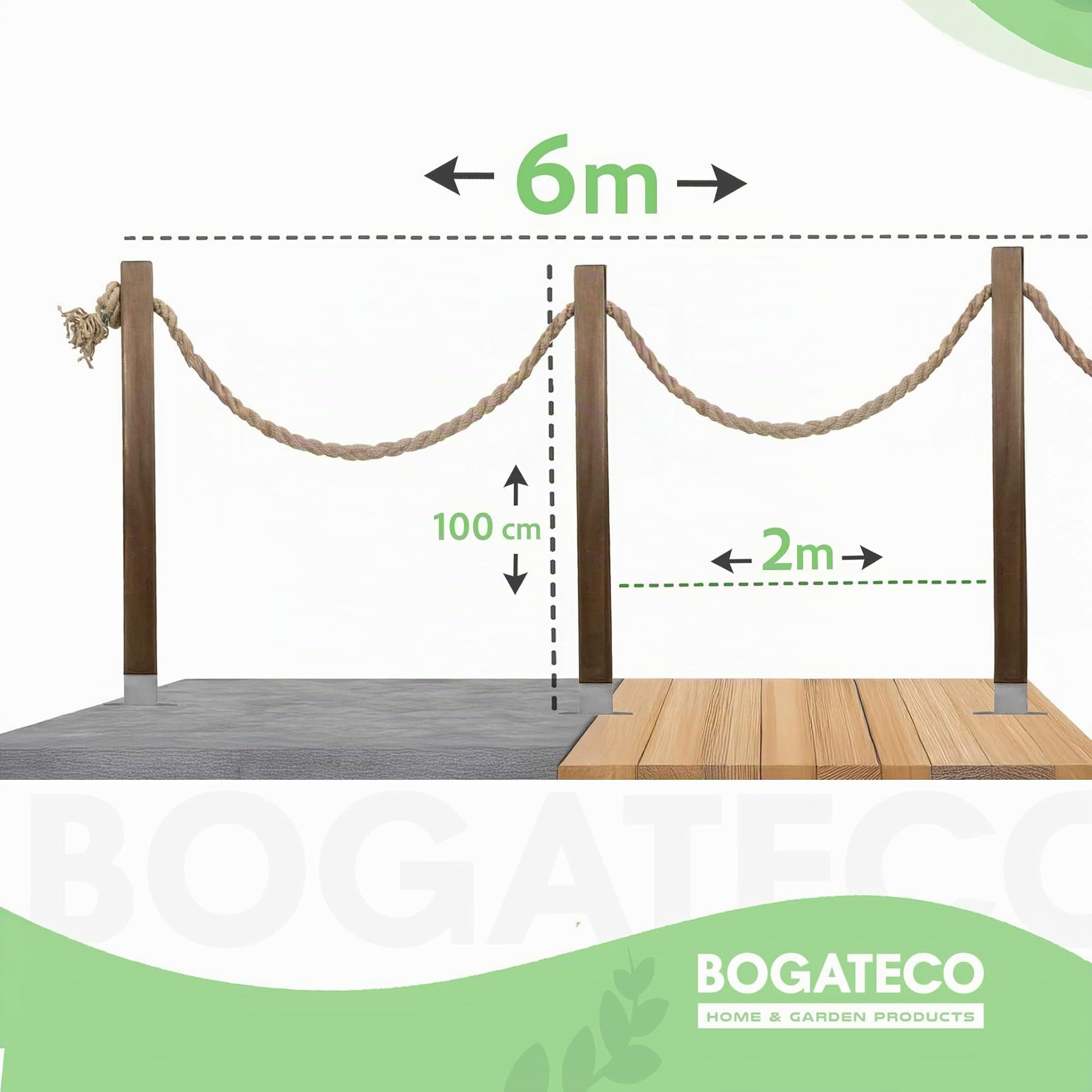 BOGATECO Valla de madera con cuerda de yute, valla de vela de 6 m, 13 longitudes diferentes, kit de montaje incluido, casquillo de suelo con placa de tacos