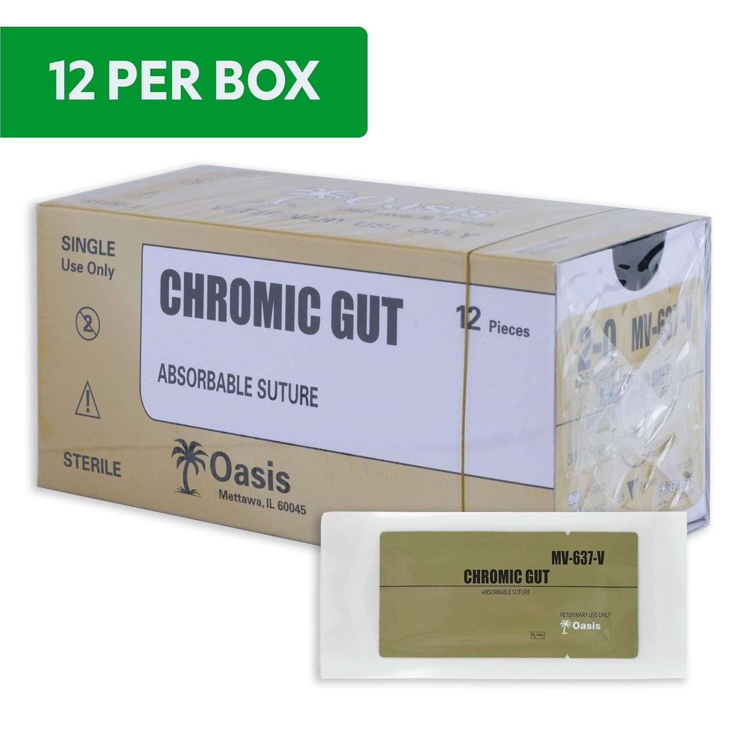 Oasis Vet Chromic Gut Surgical Suture, 2-0, (FS-1) 3/8 24/25mm Reverse Cutting Needle, 75cm, 12/Box, Veterinary Use