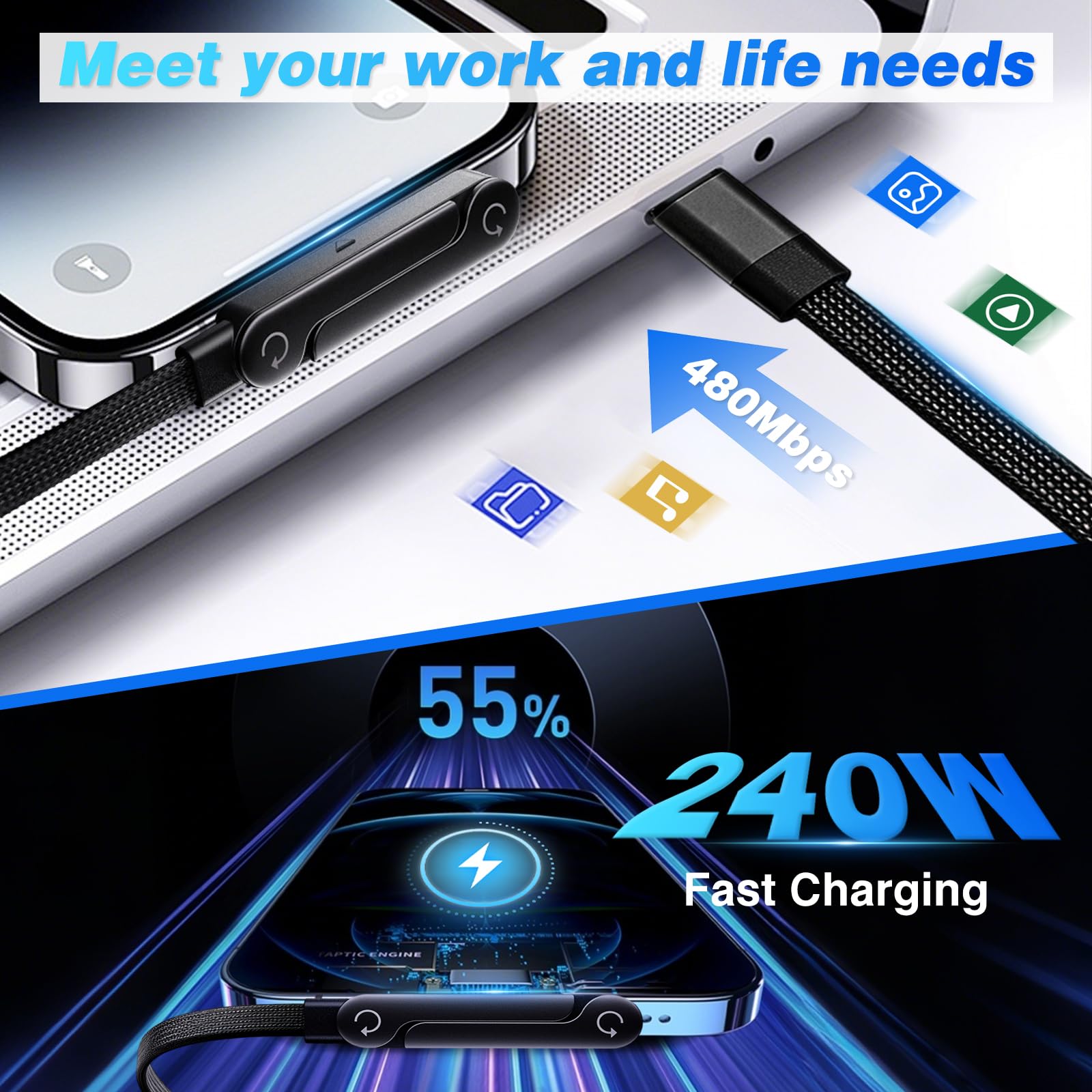USB C Charger Cable with Stand, 1.5m 240w Fast Invisible Holder Flat Data Cable with Bendphone Accessories, Type C Sideways Charging Cable for iPhone 17 16 15 Pro Max, Samsung S25 S24 Ultra etc. (C-C) — view 4