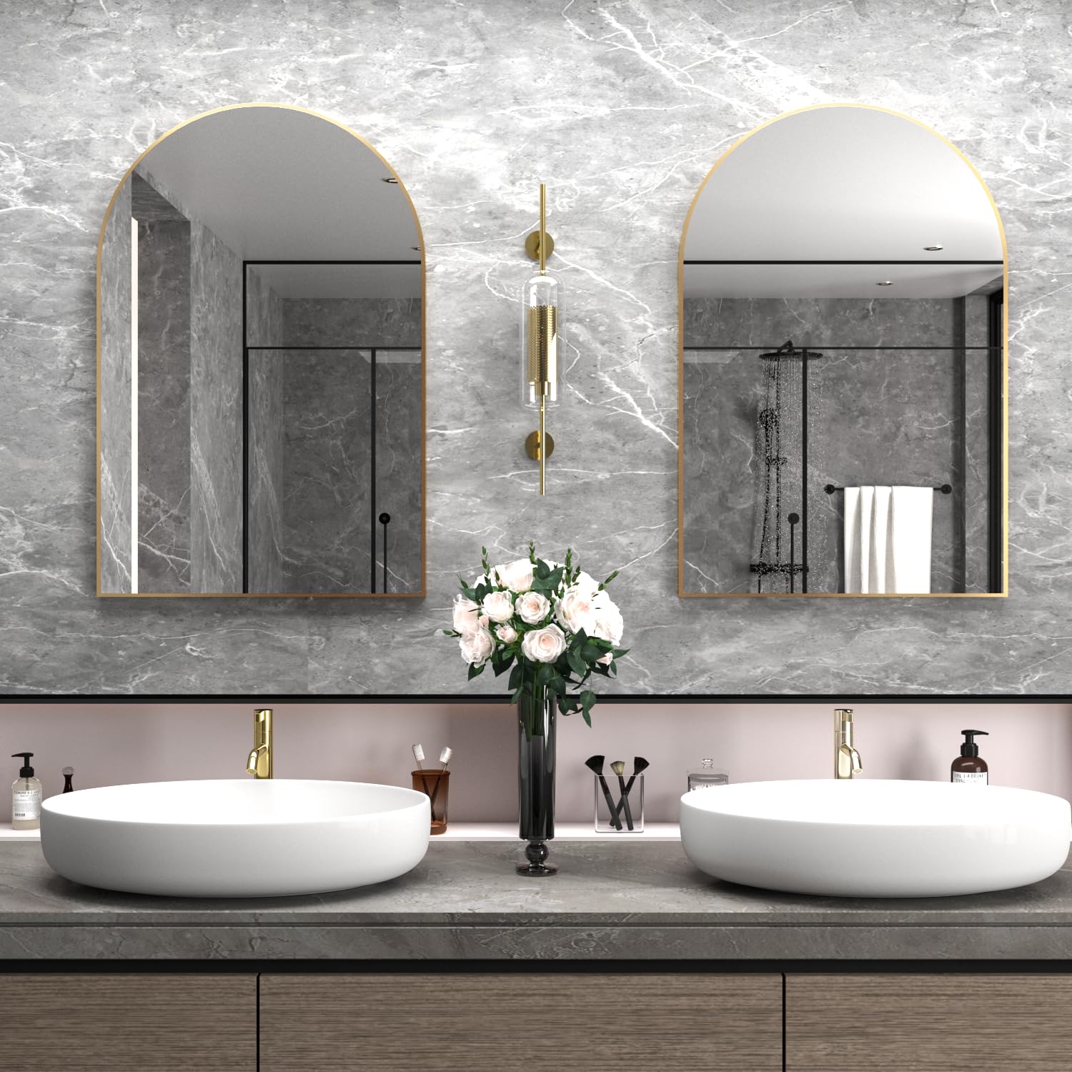 Specchio da parete, specchio da parete ad arco per bagno, 60 x 90 cm ad arco con cornice in metallo, specchio da bagno dorato per arredamento, camera da letto, soggiorno