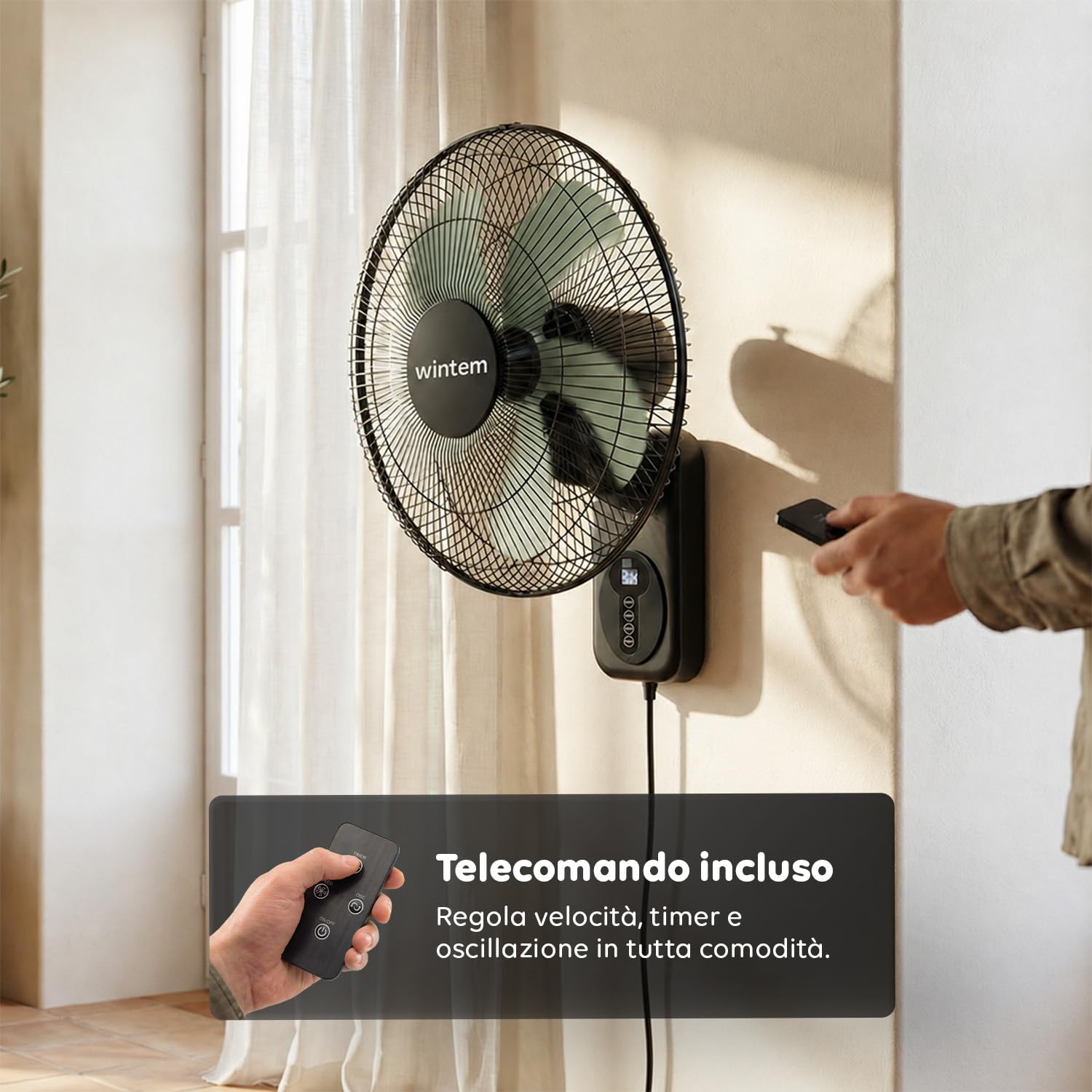 Wintem - Ventilatore a Muro Professionale 60W - Sistema a 8 Velocità Ultra-Precise - Timer 9h e Controllo Remoto - Diametro 40cm - Inclinazione 30° e Oscillazione 120°