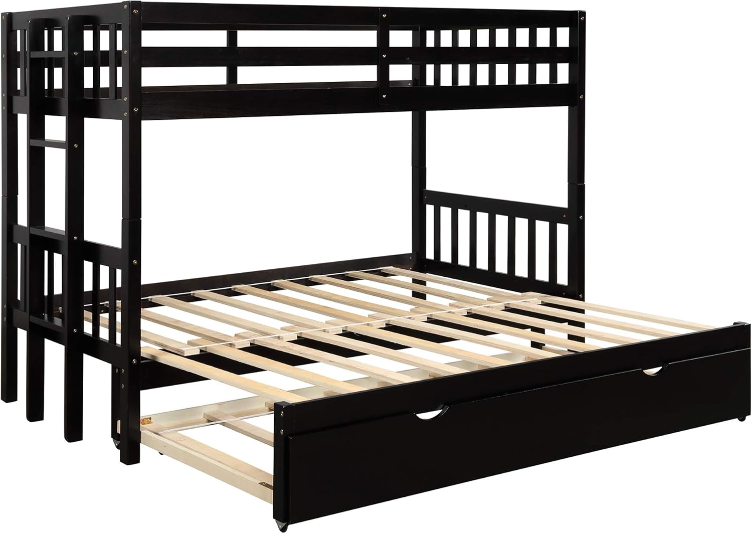 KLMM Twin Over Pull-Out Bunk Bed with Trundle, Wooden Twin Over Twin/Full/Queen/King Bunk Bed, Accommodate 4 People Extendable Bunk Beds with Ladder and Safety Rail (Espresso)