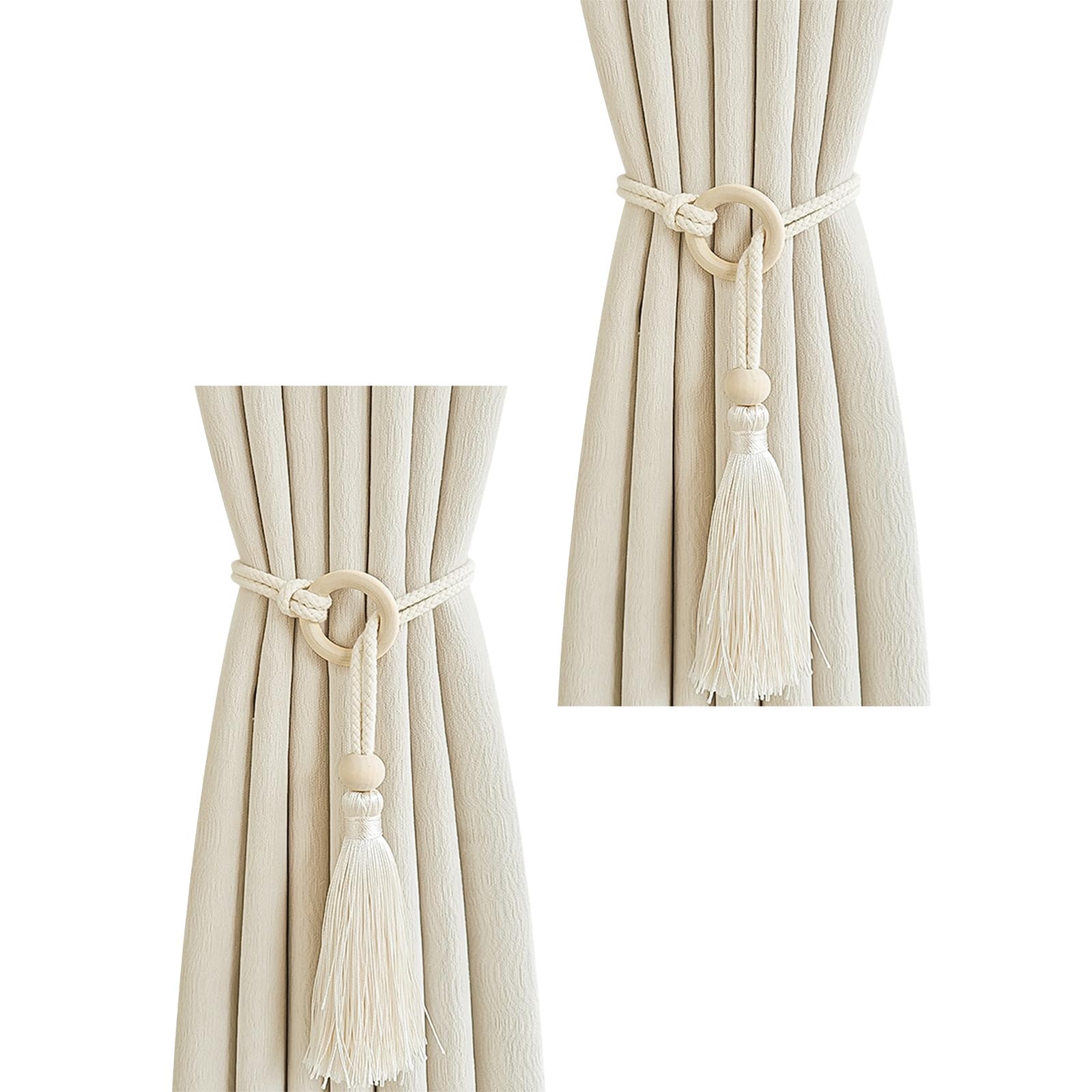 2pcs Beiged Curtain Tiebacks Hand Woven with Tasseled Pendant Hanging Bind Rope Buckled Holder Home Decoration Elegant Curtain Holder