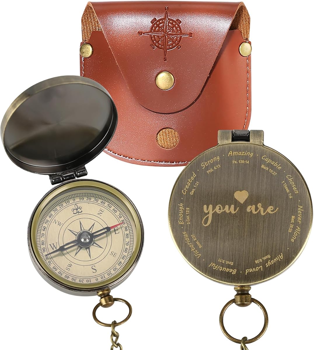 Engraved Brass Compass with Scripture, Inspirational Baptism Gift for Boy Girl Women Men, First Communion or Confirmation Gift, Christian Travel Hiking Religious Pocket Compass for Graduation Birthday
