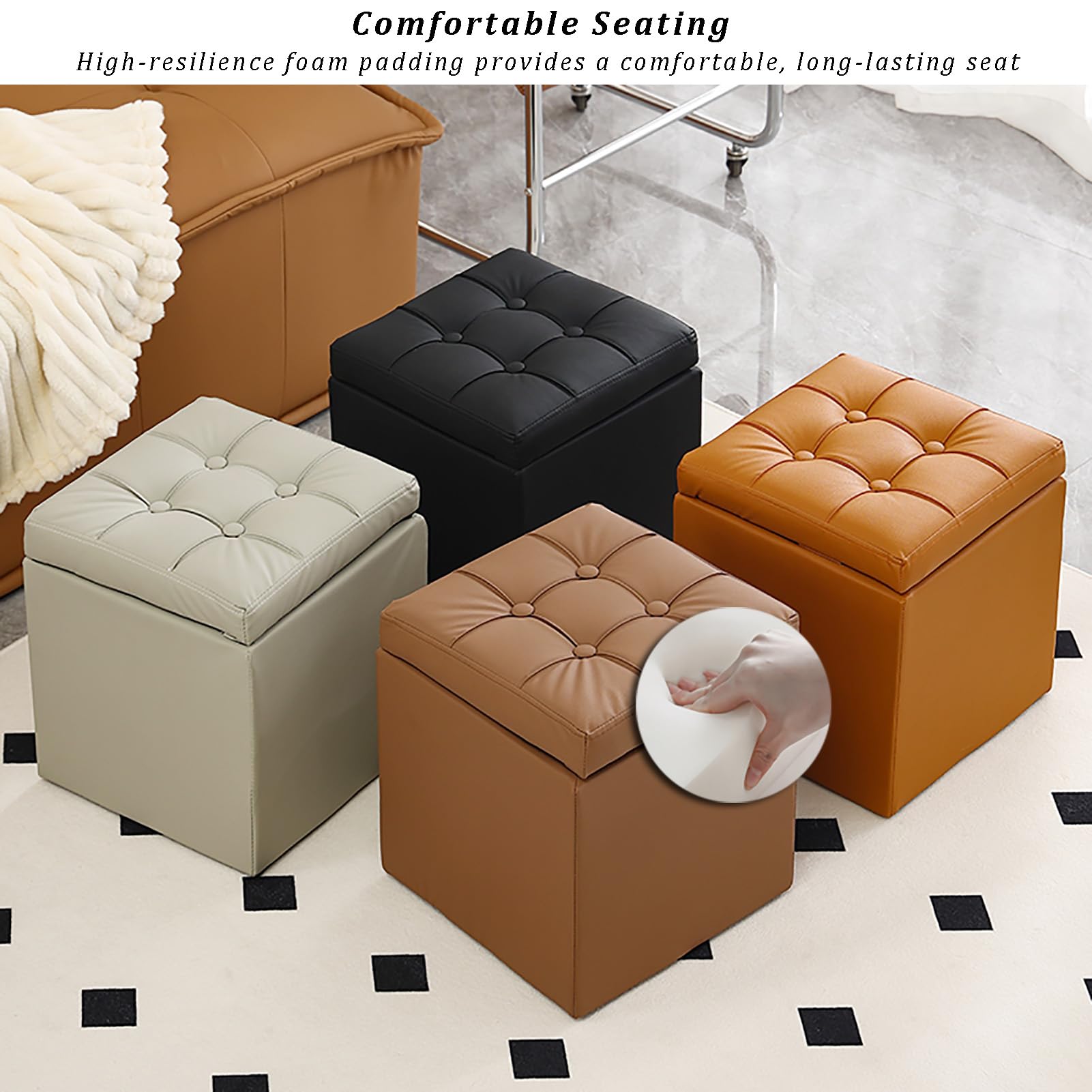 Pouf in ecopelle con contenitore, coperchio sollevabile, panca imbottita per scarpe, elegante sgabello poggiapiedi per soggiorno, camera da letto, ingresso