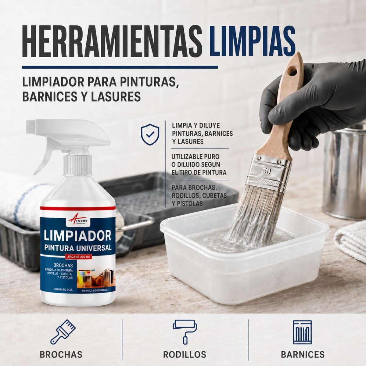 Limpiador de Brochas, Disolvente para Pintura, Barniz y Lasur 5 L | Limpia y Diluye Pinturas, Barnices y Lasur, para Brochas, Rodillos, Cubetas y Pistolas - Arcane Industries