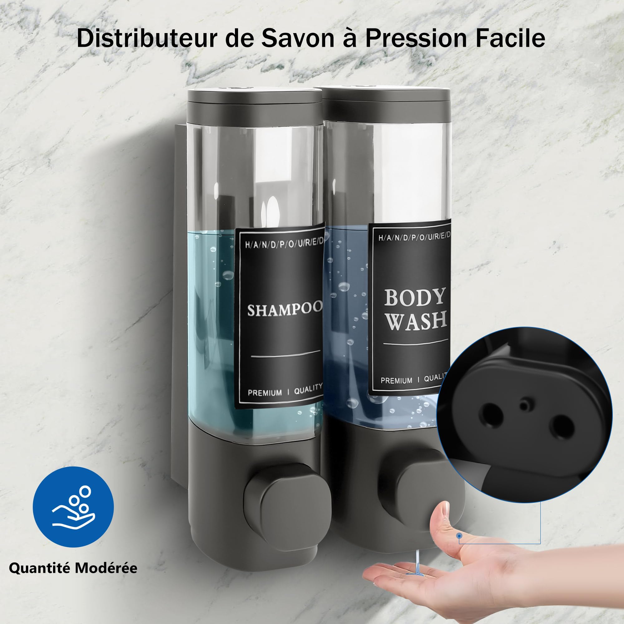Distributeur de Savon Mural, Distributeur Gel Douche, Distributeur Double de Shampoing et Après-shampoing sans Perçage ABS pour Salle de Bain Cuisine Marché Hôtel Restaurant 300ML*2(Gris)