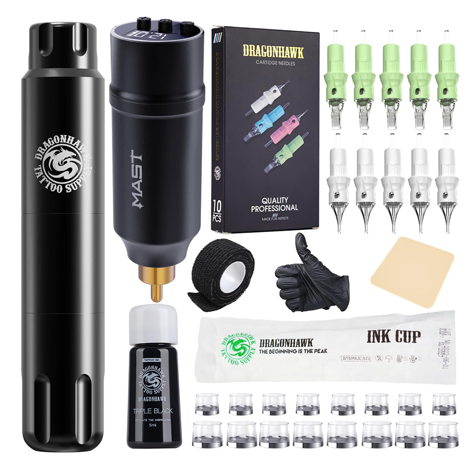 Dragonhawk S12 Kit Completo de Máquina para Tatuajes tipo Pluma Rotativa, con Batería 1100mAh, Agujas y Tinta para Profesionales y Principiantes
