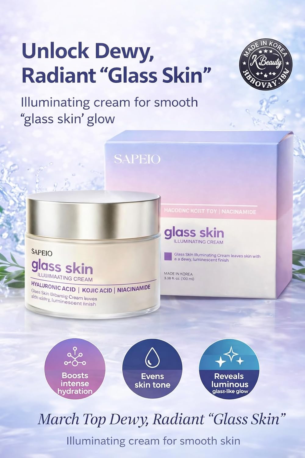 Glass Skin Illuminating Cream with Hyaluronic Acid, Kojic Acid and Niacinamide, Dewy Luminescent Finish, 3.38 fl. oz.