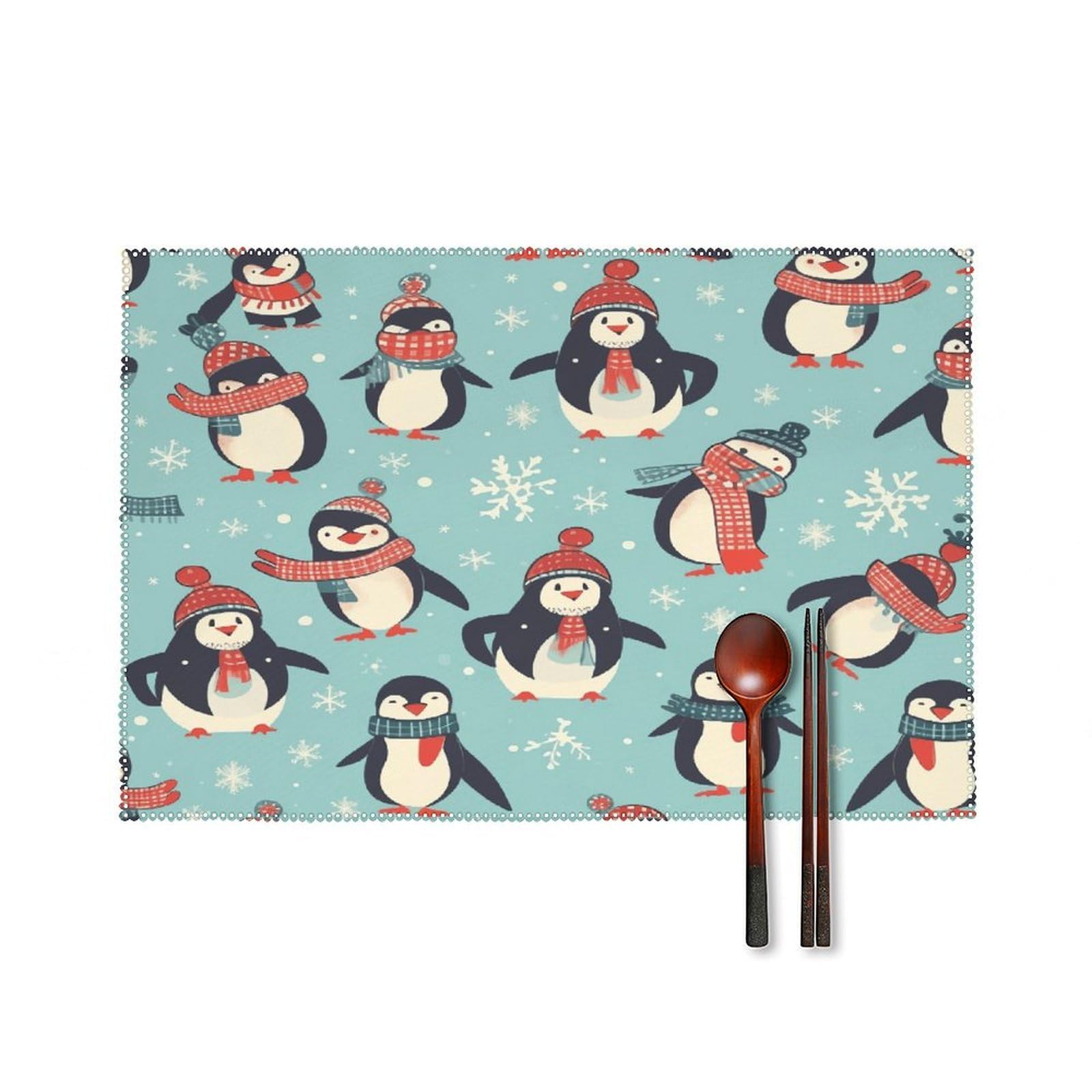 Winter Christmas Penguins Placemats Set of 4 Heat Resistant Non-Slip Place Mats for Dining Table Washable Placemat Wipeable Dining Table Mat Canvas Place Mats Dining Table Decor