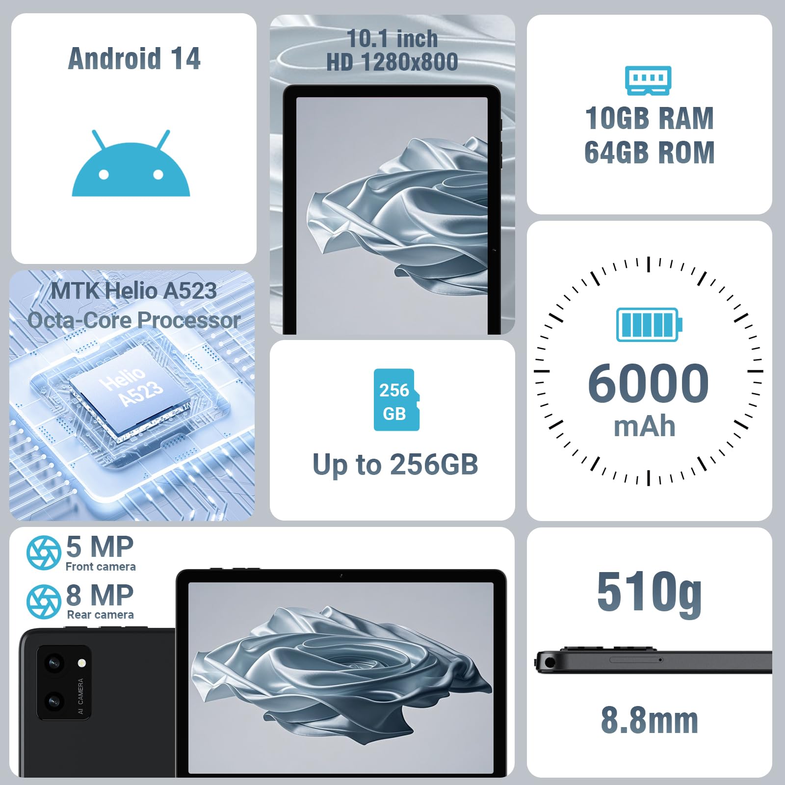 DigiLand Tablet 10 Pollici Android Octa-Core Processore,OTG, 10GB+64GB+TF Expansion,Split-Screen,WiFi 6,BT5.0, doppia fotocamera 5MP+8MP,6000mAh,Widevine L1(Caricabatterie non incluso) (Blu)