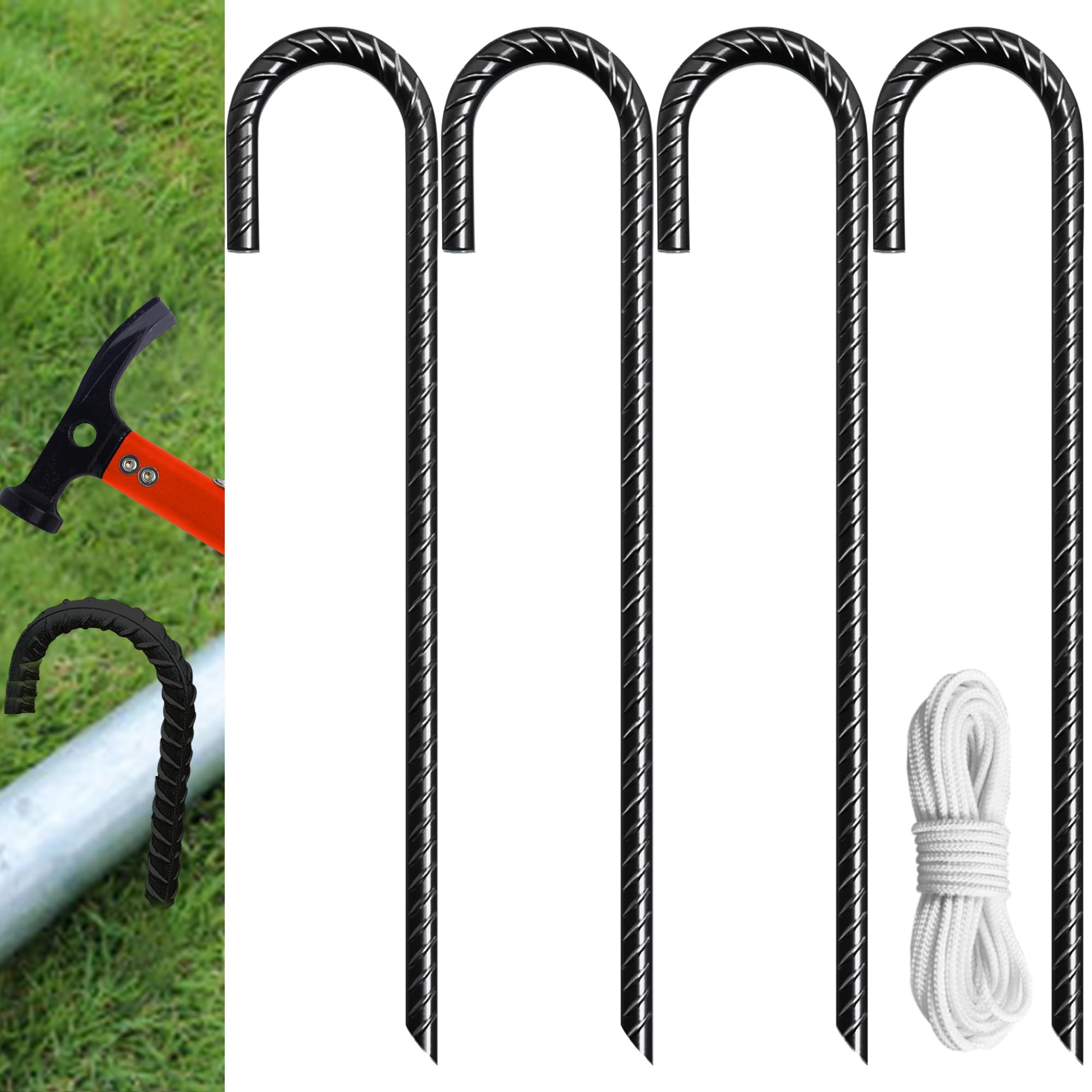 Eurmax USA Trampolines Stakes Heavy Duty Ground Stakes Canopy Parts Wind Stake with Rope 12 Inch Heavy Duty Stake Safety Ground Anchor Galvanized Steel J Shaped, Pack of 4(Black)