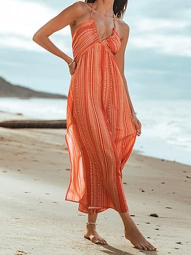 Miniatura 5 de CUPSHE Vestido de verano floral sin espalda para mujer, cuello halter, tirantes delgados, volantes, casual, playa, vacaciones, maxivestido