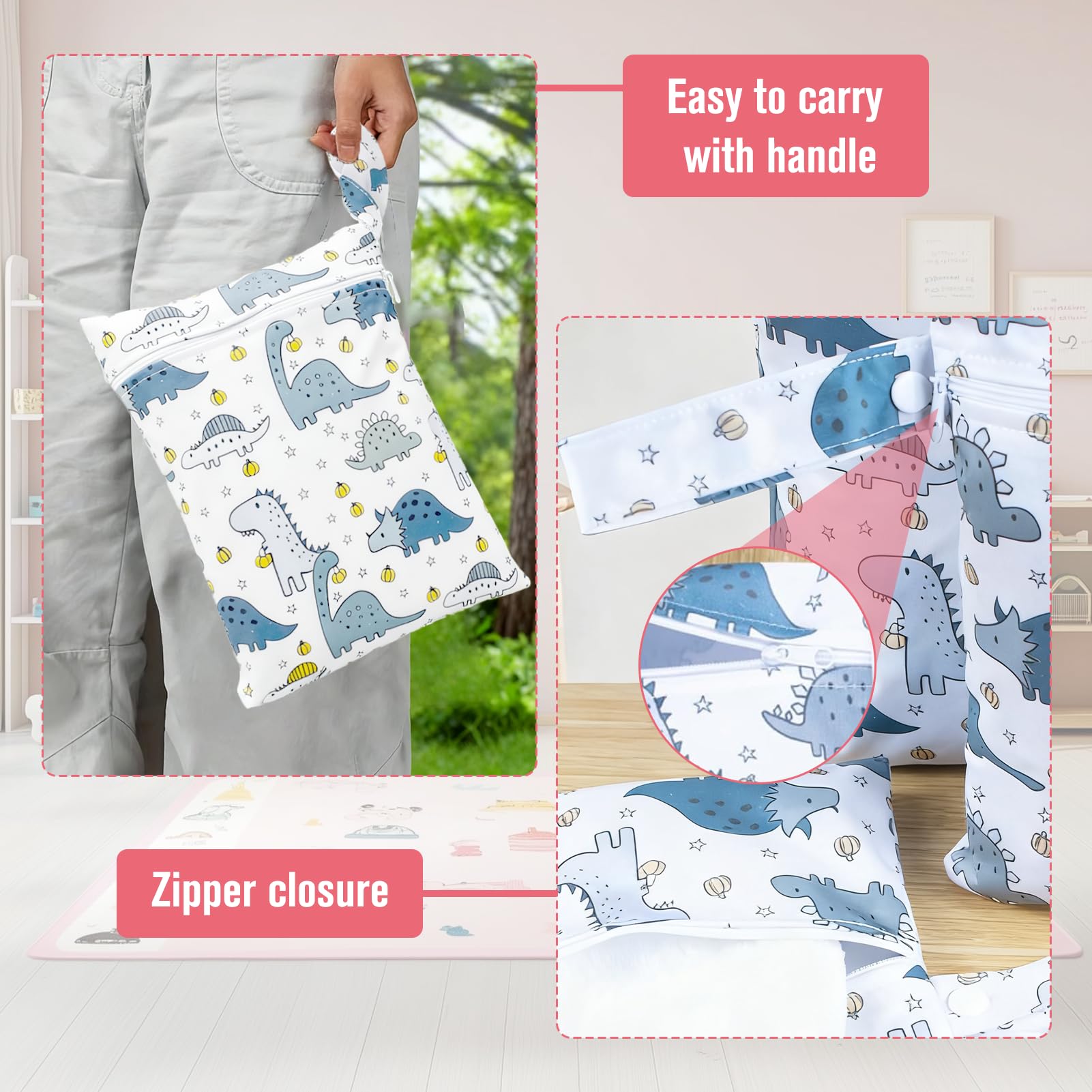 Qehyuelefu 3 Pcs Wet Bag, Baby Nappy Bag, Waterproof Wet Dry Bags, Waterproof Wet Bags for Swimming Dinosaur Pattern - Image 4