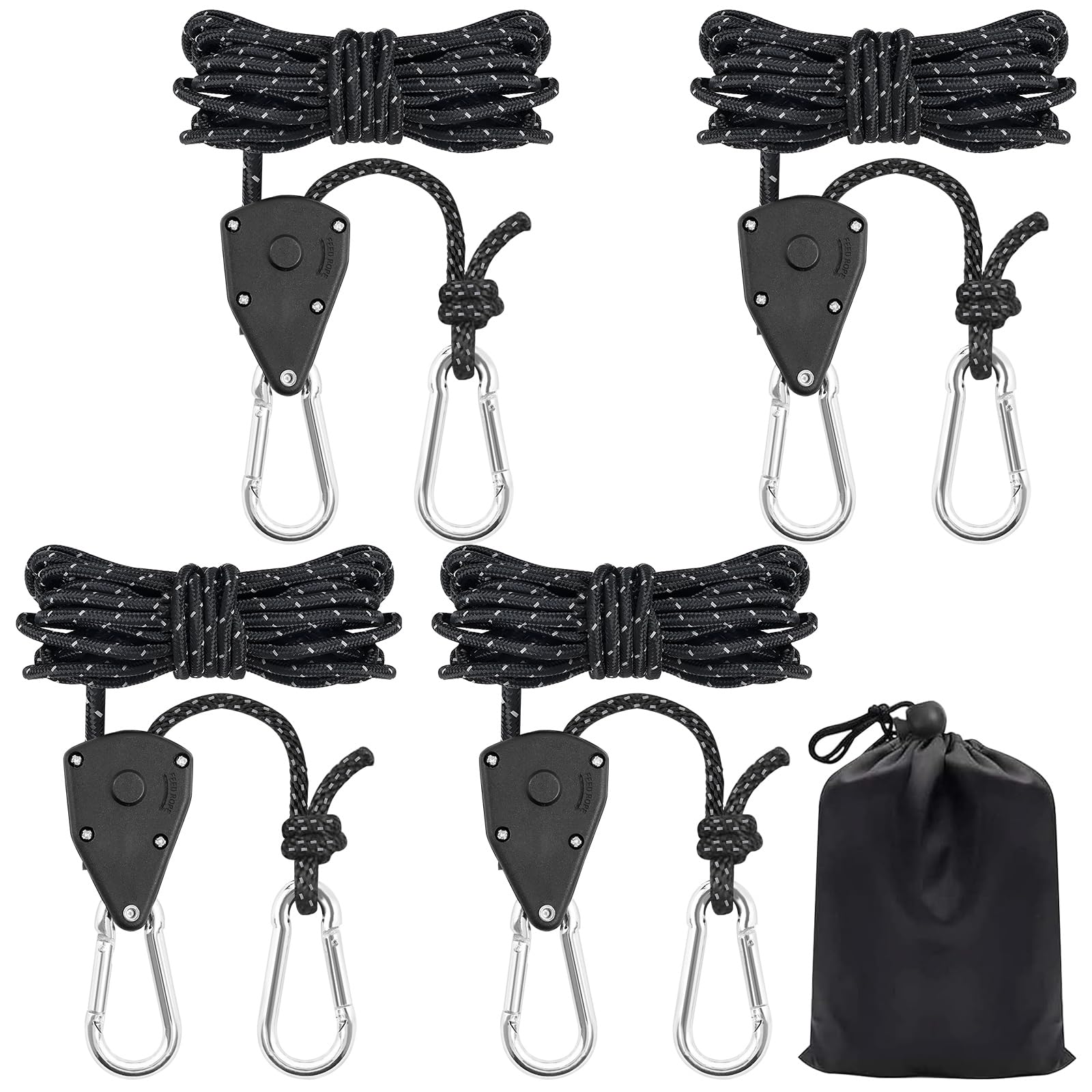4PCS Reflective Tent Guy Ropes, 4 mm Tent Camping Cord with Pulley, 5M Heavy-Duty Guide Buckle Rope with Aluminum Adjuster, TentGuy Ropes for Awning Outdoor TentTarp Gazebo Hiking Awning Picnics