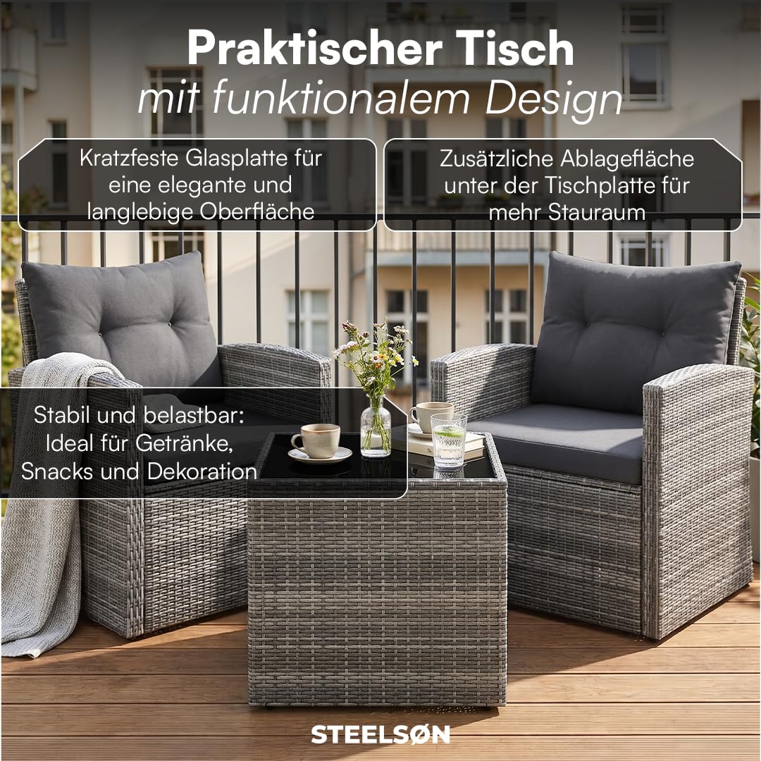 STEELSØN Selaria Rattan Gartenmöbel – Sitzgarnitur 2 Gartenstühle & 1 Tisch – Outdoor-Sitzgruppe grau – Gartensessel wetterfest 2 Personen – Gartenset mit Sitzkissen – Balkonset – Terrassenmöbel