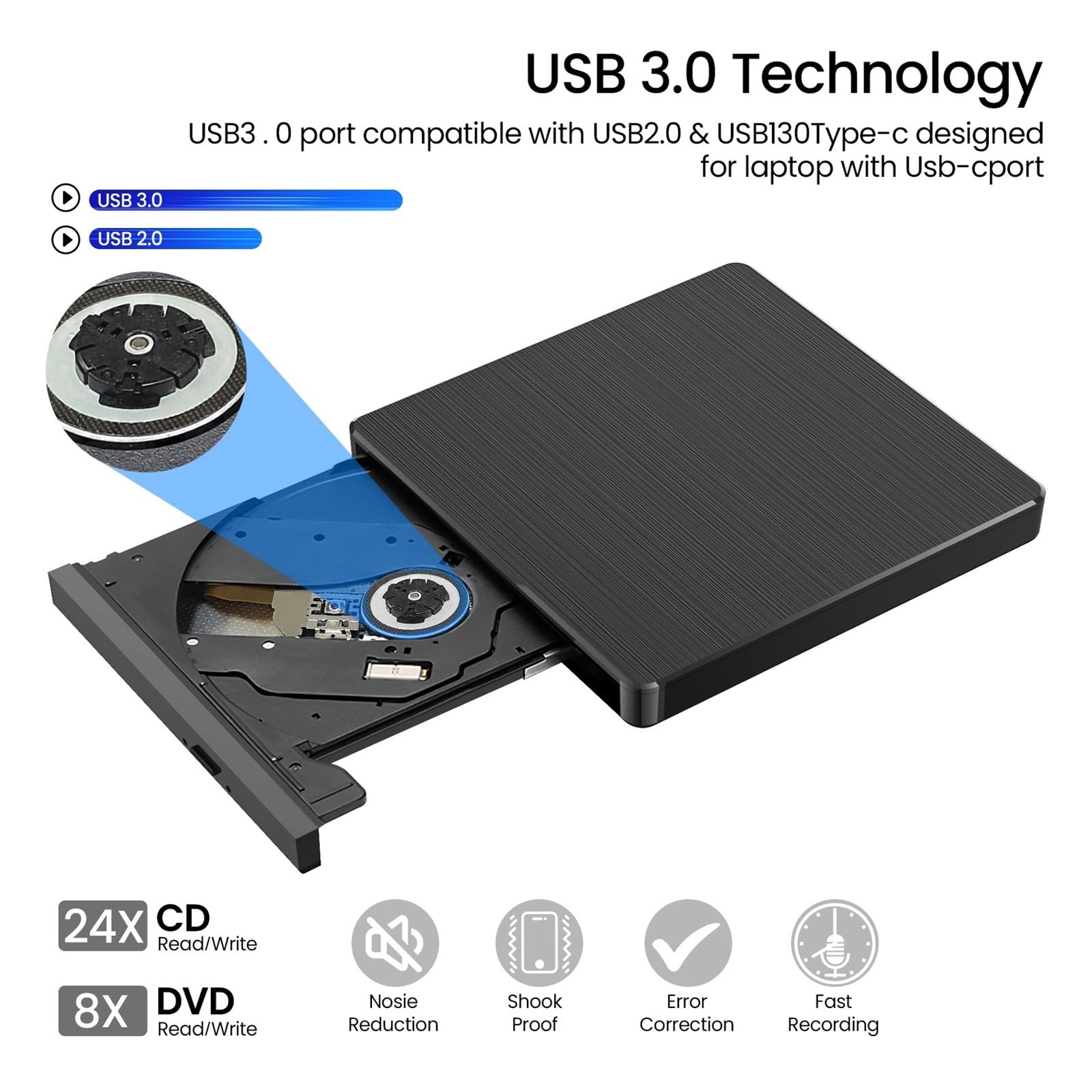 Lecteur DVD Graveur De DVD Externe USB 3.0 Et Type C, Graveur De Cartes Multifonction, Enregistreur CD/DVD, Lecteur Optique DVD RW
