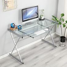 soges Computer Desk 47.2inch Glass Desk Workstation with Glass Top Office Desk with Pullout Keyboard Tray,Clear UT-093-CA