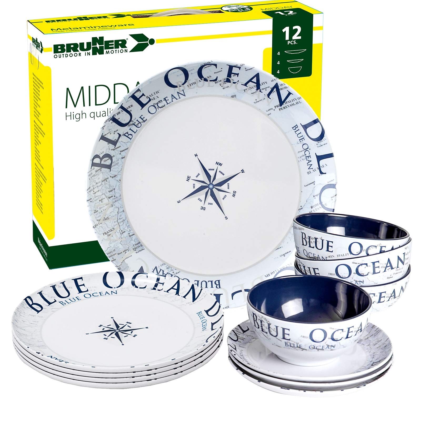 BRUNNER Melamin-Geschirr Campinggeschirr (12 Teilig) BLUE OCEAN MIDDAY | Antislip (Antirutsch), 4 Personen, Leicht, Bruchfest, Teller & Schüsseln, Wohnmobil Wohnwagen & Boot & Grill + Picknick