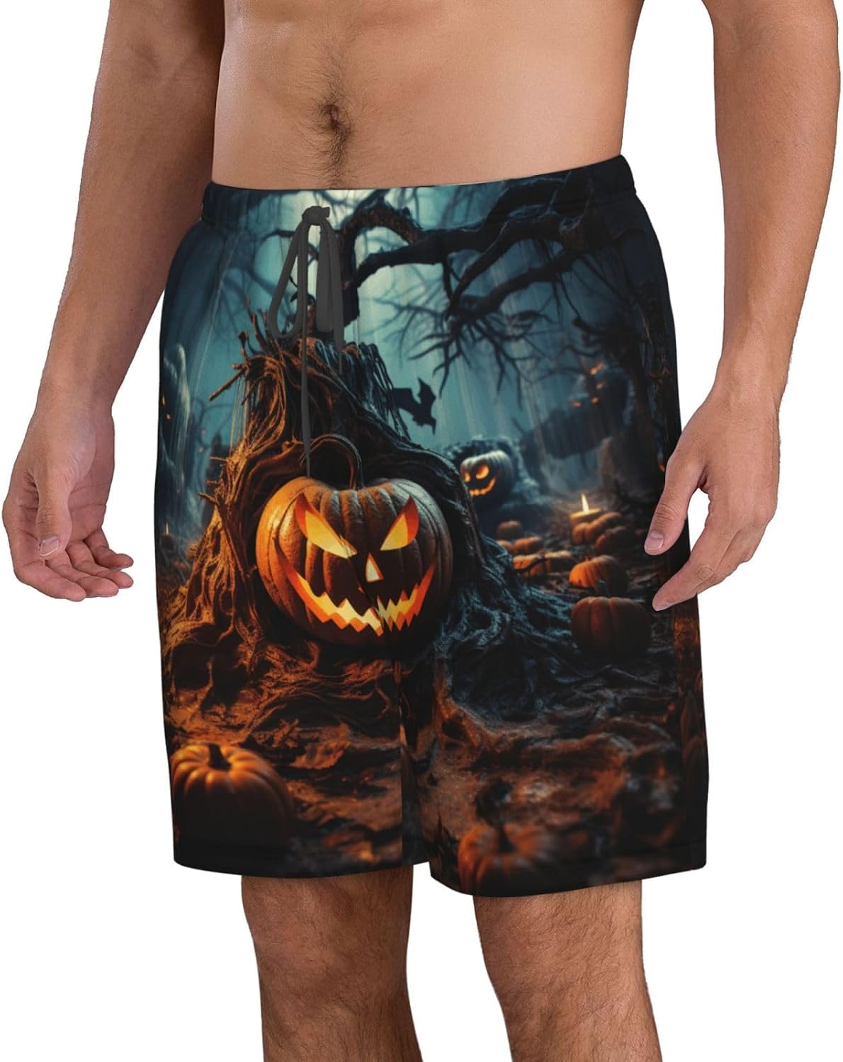 Orange Halloween Party Print Mens Casual Shorts Drawstring Summer Beach Stretch Shorts Novelty Swimtrunks