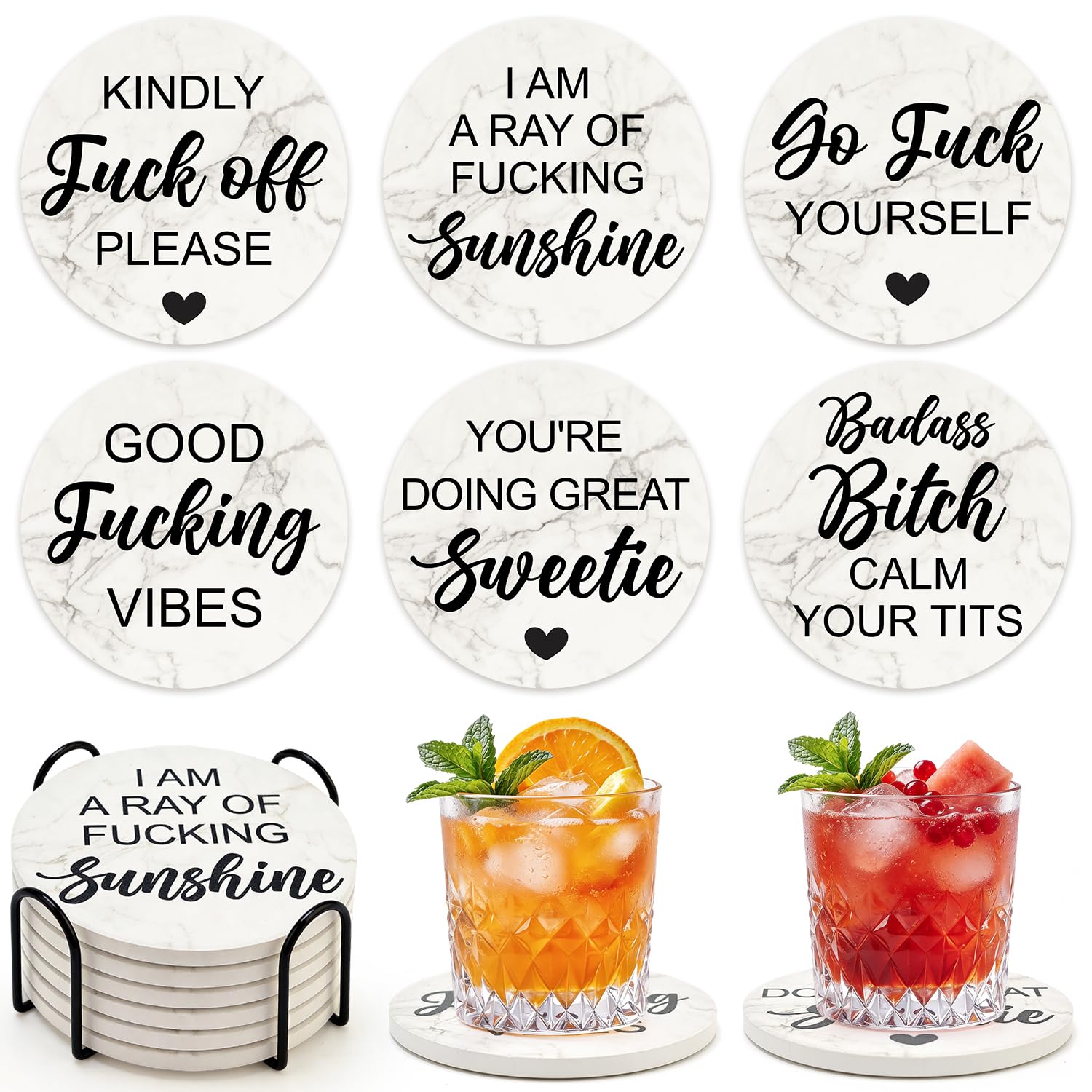 Funny Coasters with Holder Cool Gag Gifts for Adult Women Drink Fun Cup Coaster Set of 6 Coffee Table Bar Decor Unique Modern Coasters Man Cave Accessories Home Housewarming Gift Barsys Coster