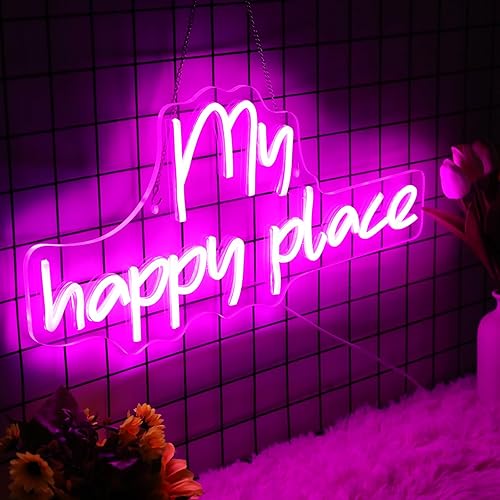 Neonwall - Letrero de neón con texto en inglés My Happy Place con luz LED para decoración de pared, interruptor alimentado por USB, para decoración