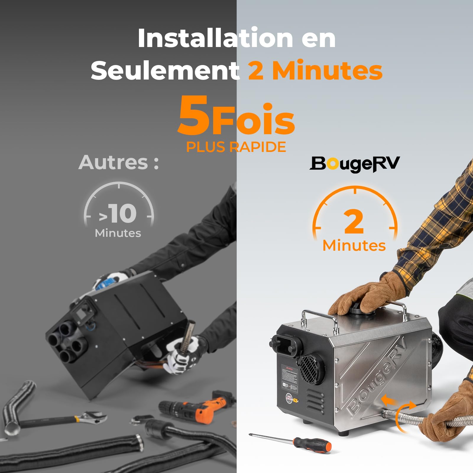 BougeRV Chauffage Diesel 5kW avec Minuteur Pompe Silencieuse Contrôle FB/App Écran LCD Chauffage Stationnaire 12/24V 220V Tout-en-Un Tuyau D'Échappement Vissable Protection Anti-Fuite