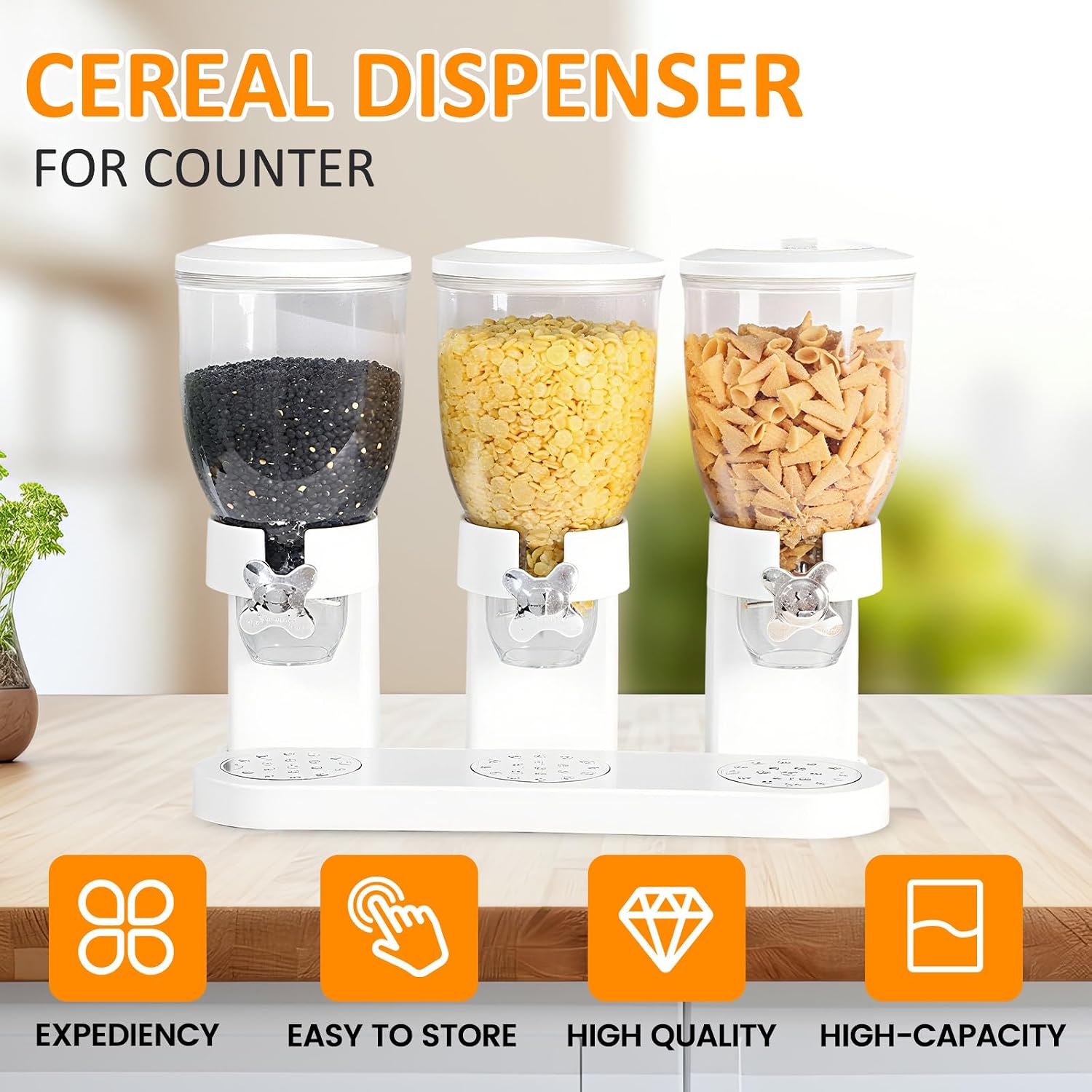 Petyoung Triple Food Storage Dispenser, 6L Capacity Cereal Container, Plastic Dry Food Dispenser for Candy Nuts Grains Granola Snack