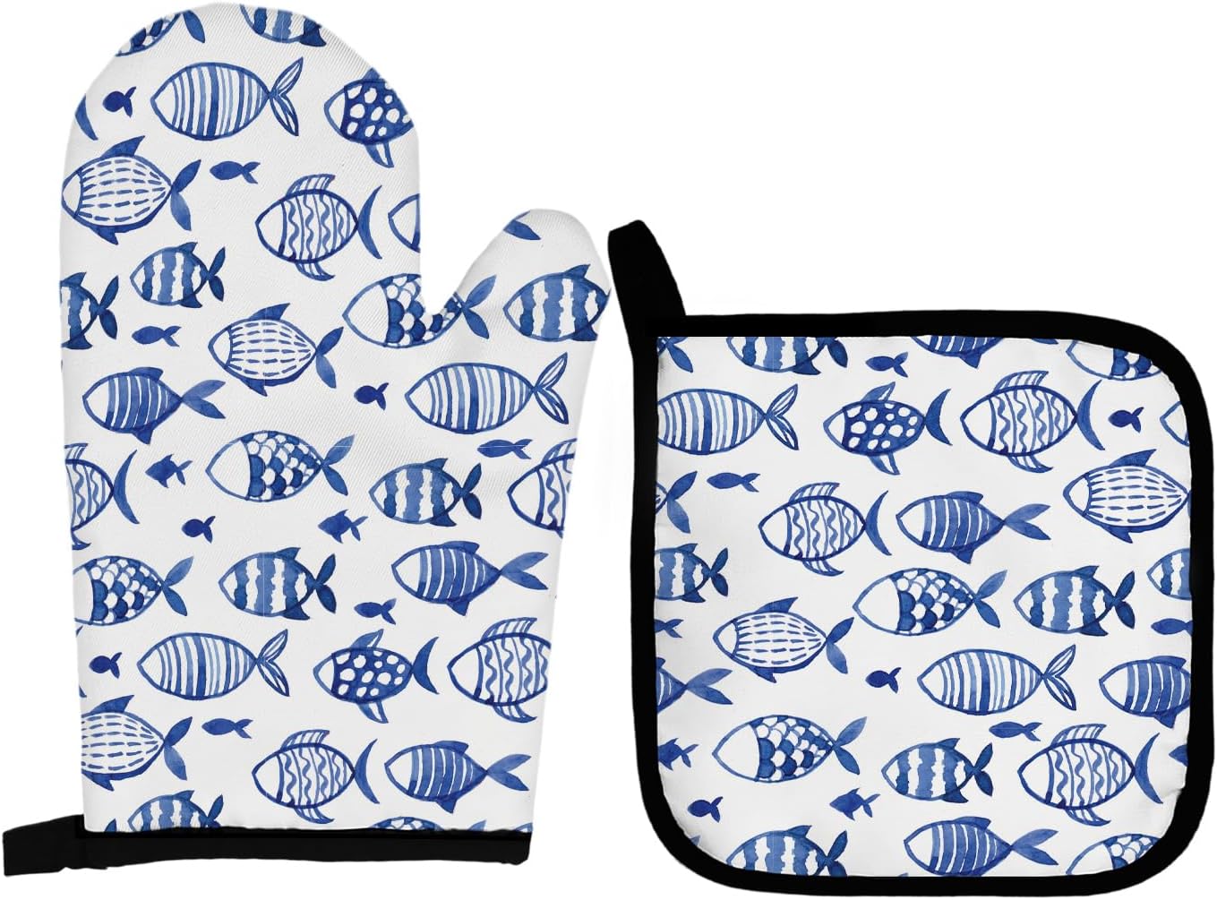 Coastal Beach Blue Fish Oven Mitts and Pot Holders Sets, Fish Gifts Oven Mitts, Blue and White Nautical Ocean Fishing Over Mittens for Kitchen Decor, Beach Over Gloves Gifts