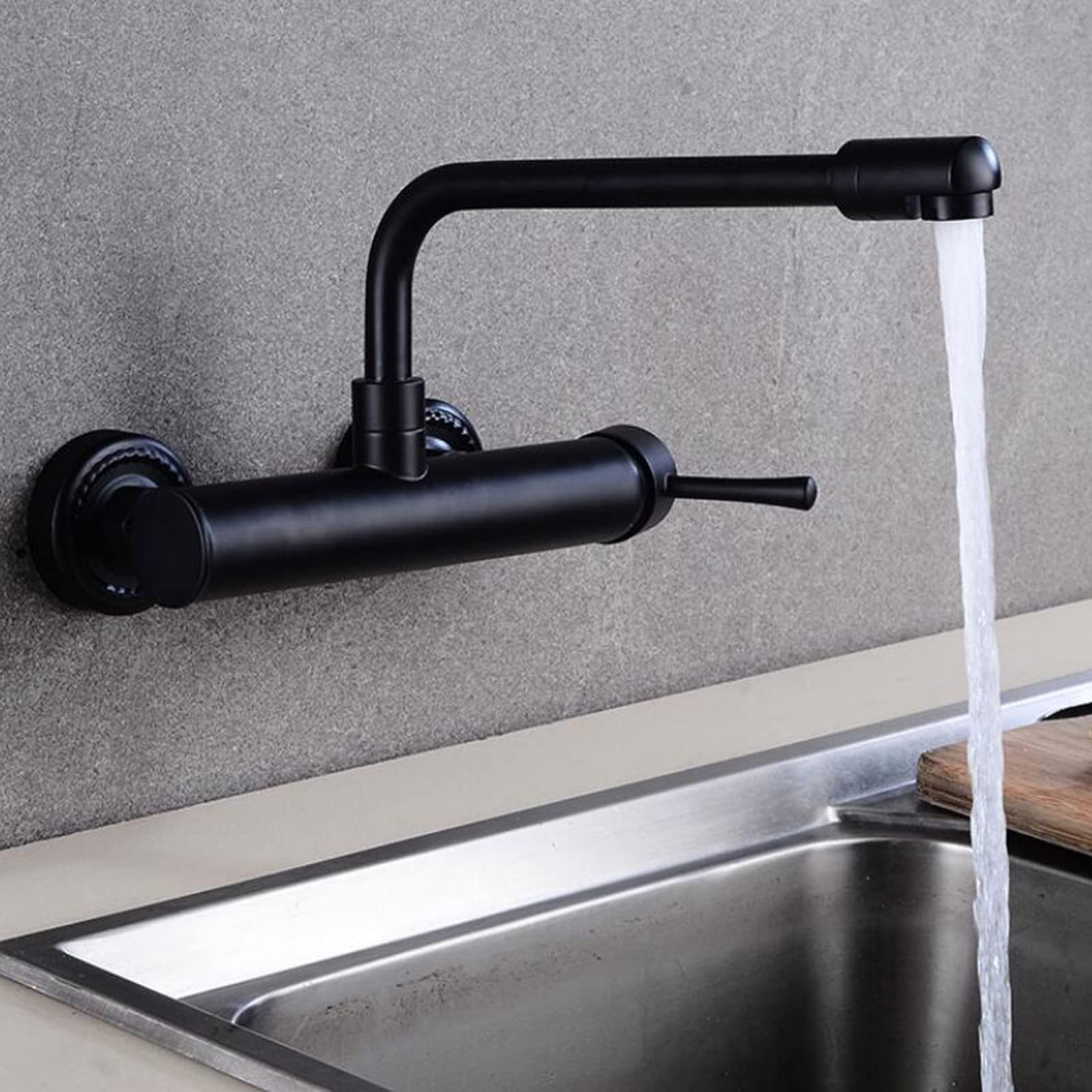 LYGSWDB Grifo de Cocina de latón de Pared, Giratorio de 28 cm, Agua fría y Caliente, Doble Orificio, Negro Mate, cocinas