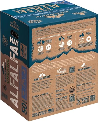 Blue Mountain Hay High-Altitude Alfalfa Hay Cubes, 50 lb | High Energy - Ideal for Young, Baby and Lactating Animals Including Horses, Goats, Rabbits, Guinea Pigs & Other Small Pets(Organic Alfalfa Hay)