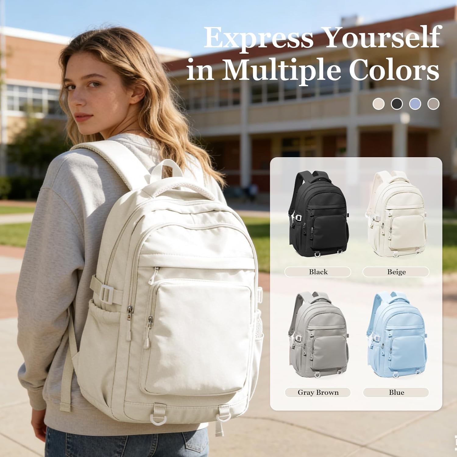 Simple Backpack for School Waterproof Backpack for Women Men Cute Casual Daypacks Lightweight Backpacks High School Bookbag for Teens Girls Boys(Beige) - Image 9