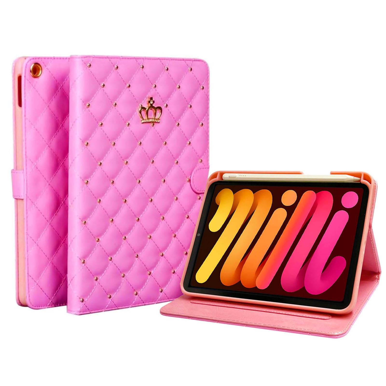 for iPad mini 7 A17 Pro 2024/iPad Mini 6 2021 8.3 Inch iPad mini 7th/6th Gen Case, PU Leather Crown Bling iPad mini 7th/6th Generation Cover with
