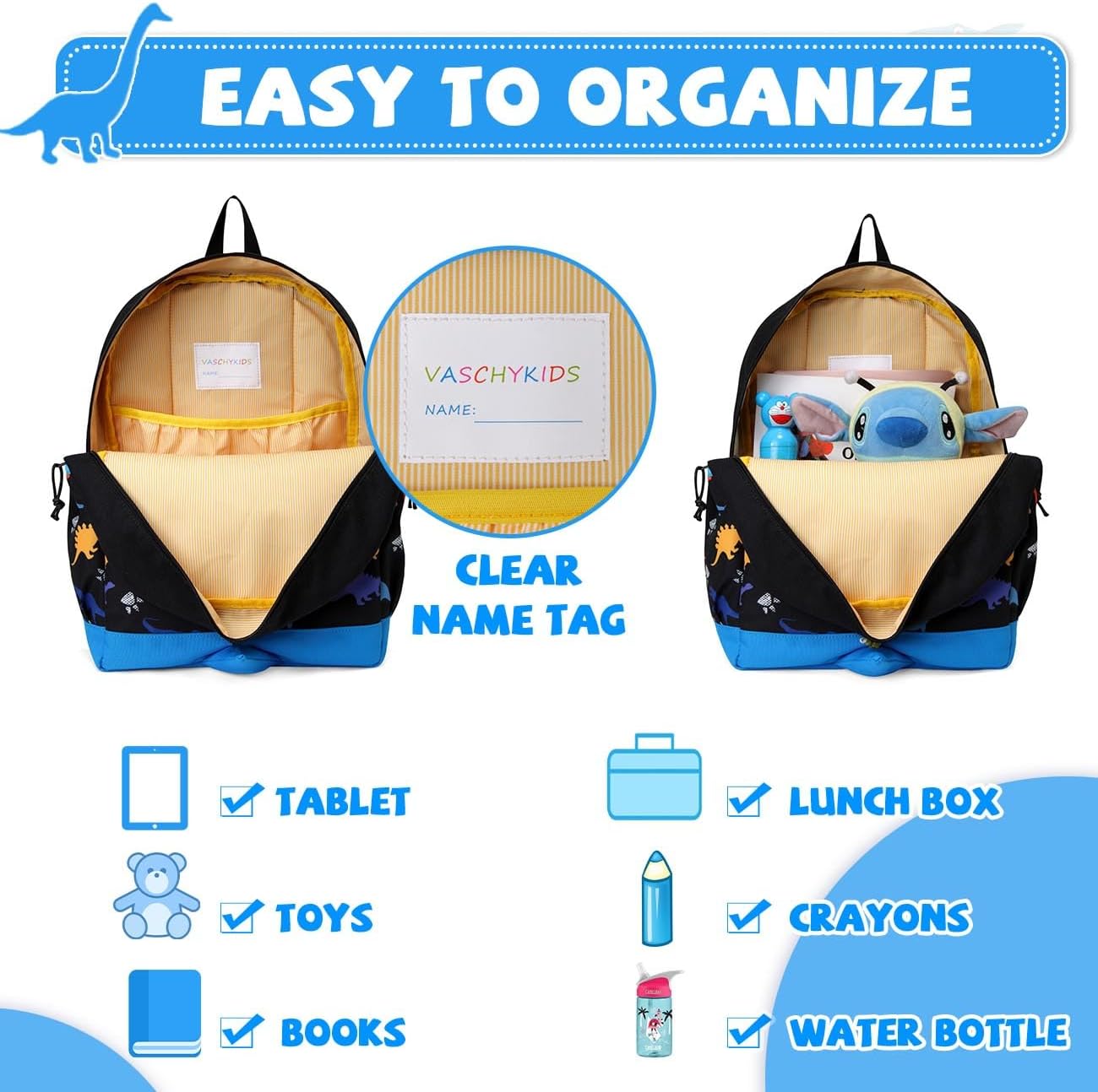 VASCHY Dinosaur Toddler Backpack, Cute Little Boys Girls Kids Schoolbag Bookbag w Chest Strap - Image 6