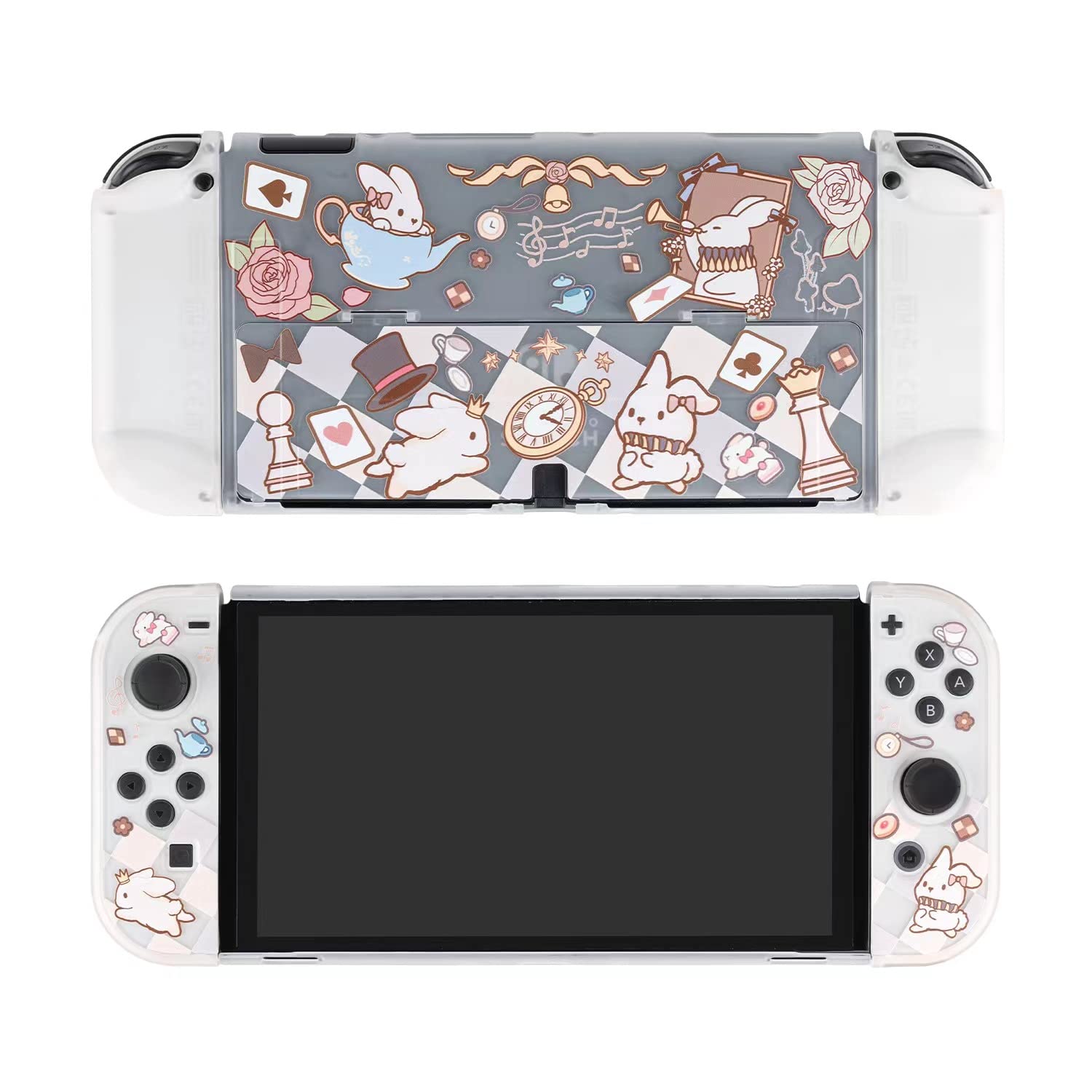 Eamily Cute Rabbit Cartoon Alice Case Compatible with Nintendo Switch OLED, Dockable Case Cover, Ergonomic Soft TPU Grip Case for Joycon, Sparkle Skin Set