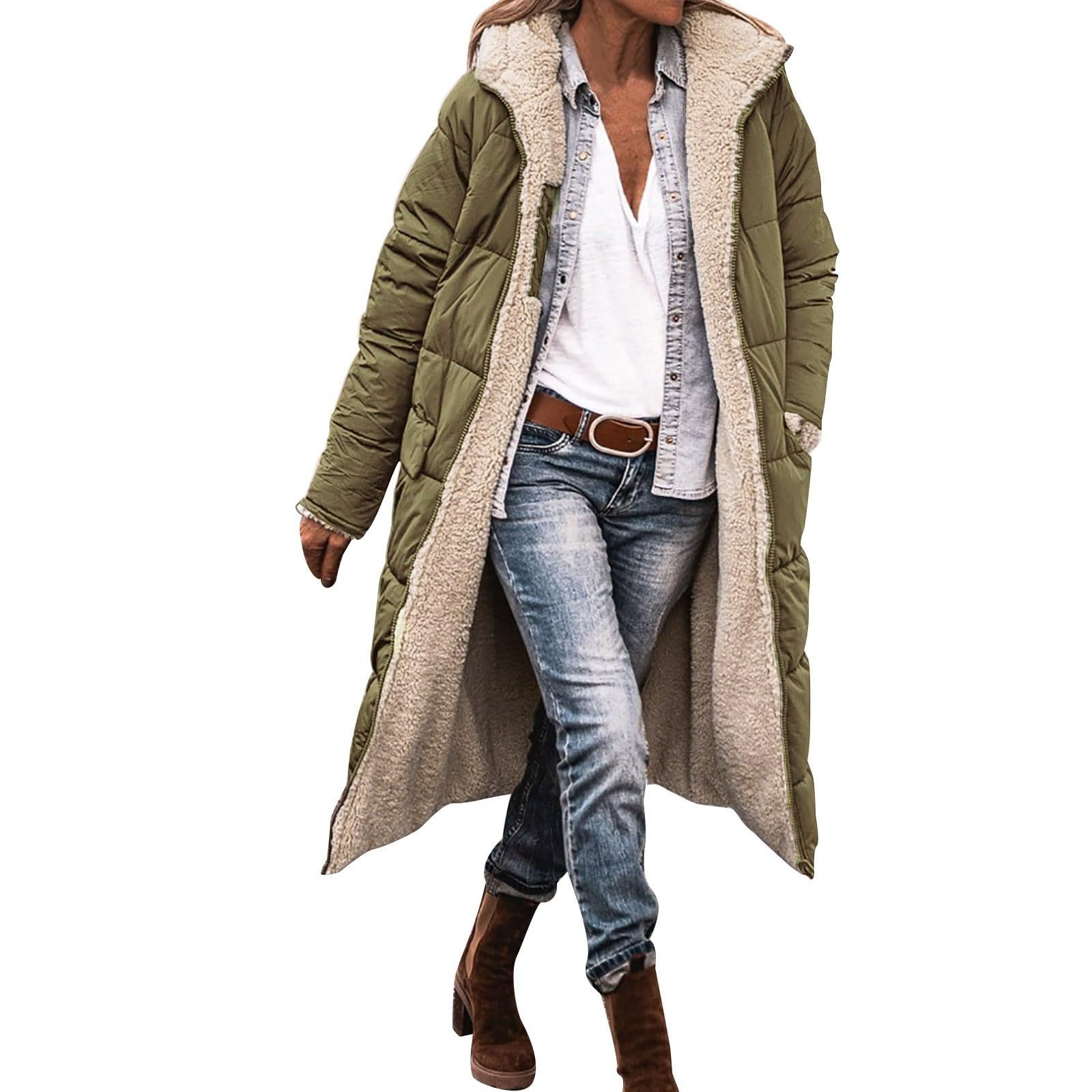 Generisch Cappotto invernale da donna, lungo, invernale, elegante, con imbottitura calda, con tasche, alla moda, con cerniera, piumino con cappuccio