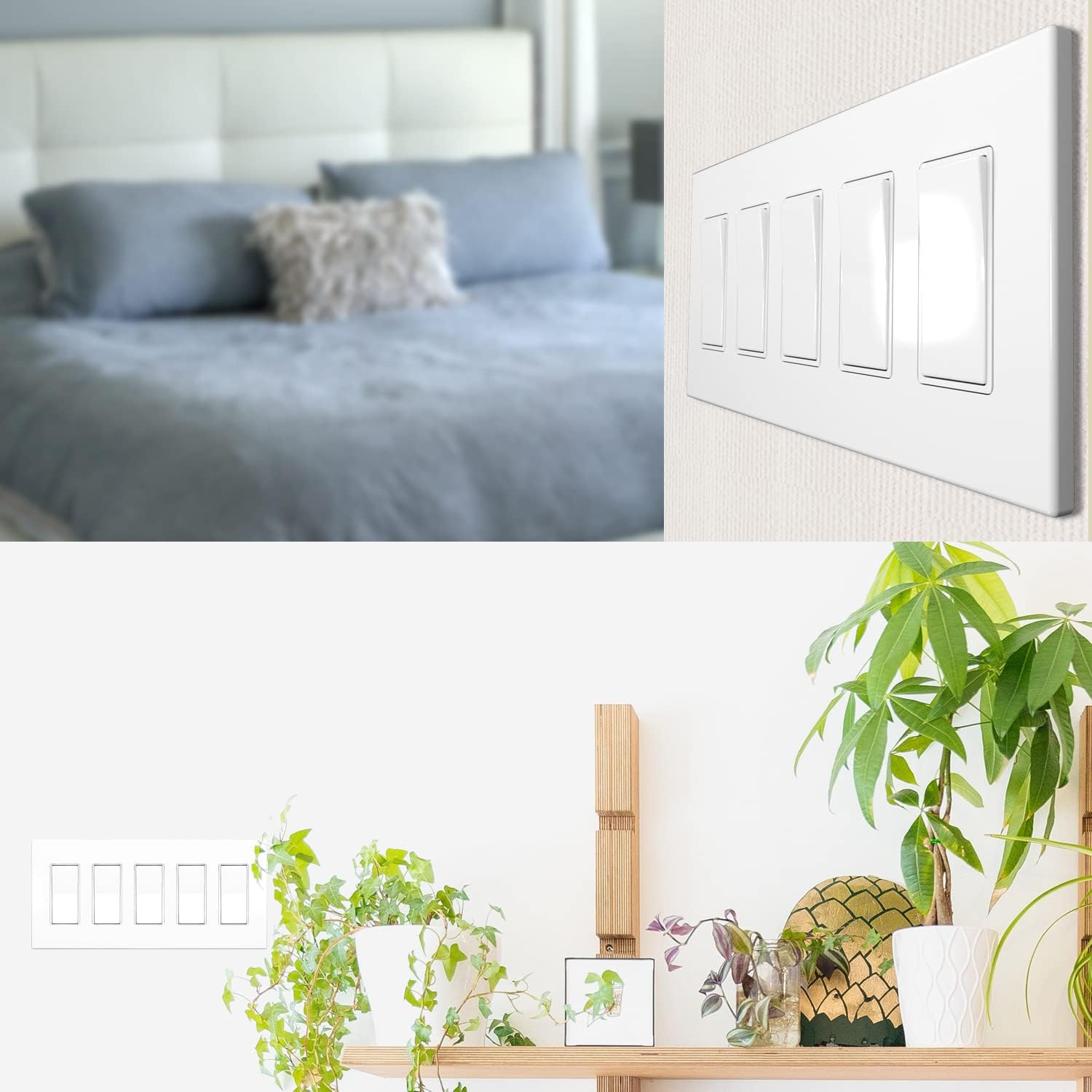 NEU 5-Gang Screwless Decorator Wall Plates Child Safe Outlet Cover, 4.75" x 10", Unbreakable Polycarbonate Thermoplastic, Glossy White