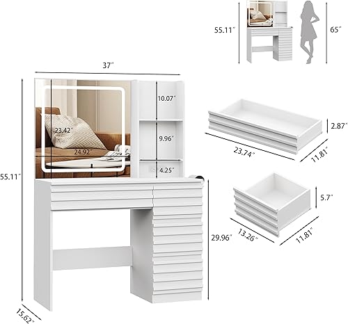 Miniatura 5 de Mesa de tocador de maquillaje con luces, tocador acanalado con 4 cajones, estantes abiertos, toma de corriente, espejo iluminado LED, 3 modos
