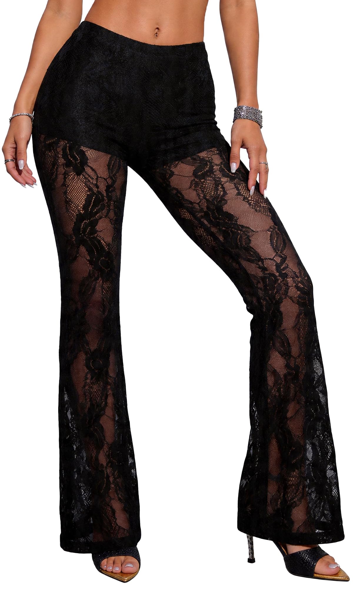 Pantaloni in Pizzo/Tulle Gotico Donna Leggings Svasati Trasparente Pantaloni Bootcut Yoga Punk Vintage Halloween Dance Party Club S-2XL