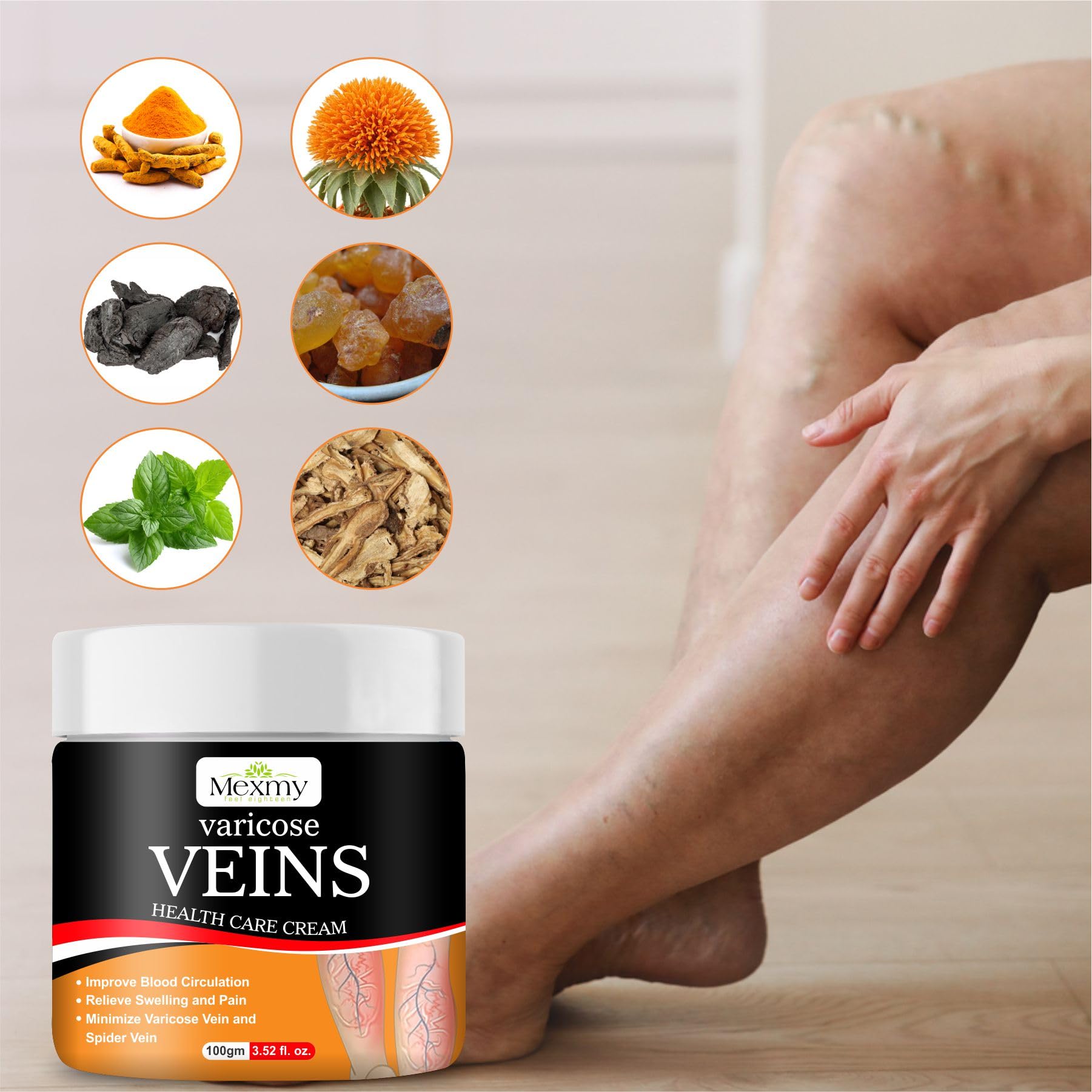 Mexmy Varicose Veins Cream for Legs | Natural Herbal Formula with Witch Hazel, Nilgiri, Aloe Vera & Vitamin E | Helps Reduce Appearance of Varicose & Spider Veins, Improves Circulation, Relieves Swelling, Pain & Fatigue | Fast-Absorbing Moisturizing Leg Cream (100, Grams) — Amazon image 4