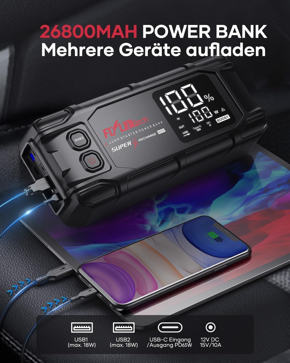FLYLINKTECH 8000A Auto Starthilfe Powerbank für Pkw für 12V Fahrzeuge | 26800mAh/99.16Wh Starter Powerbank, PD65W USB-C In/Out Schnellladung, 15V/10A DC Ausgang, 3-Modi LED-Licht, LCD-Display