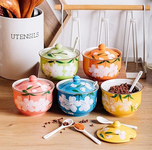 Miniatura 5 de FUYU Pintado a mano flor de cerámica condimento olla condimento tarro azucarero con tapa y cuchara