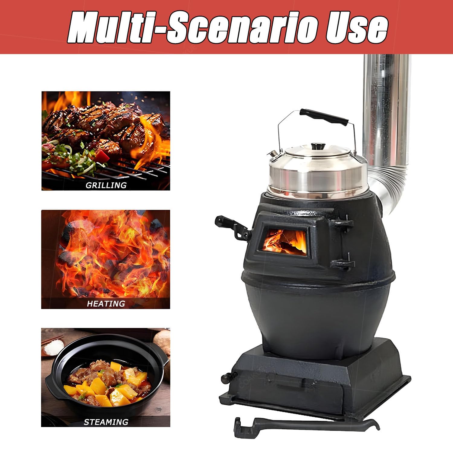 Stufa a legna in ghisa, senza fumo, con finestra in vetro, per interni ed esterni, campeggio, barbecue e patio, design compatto