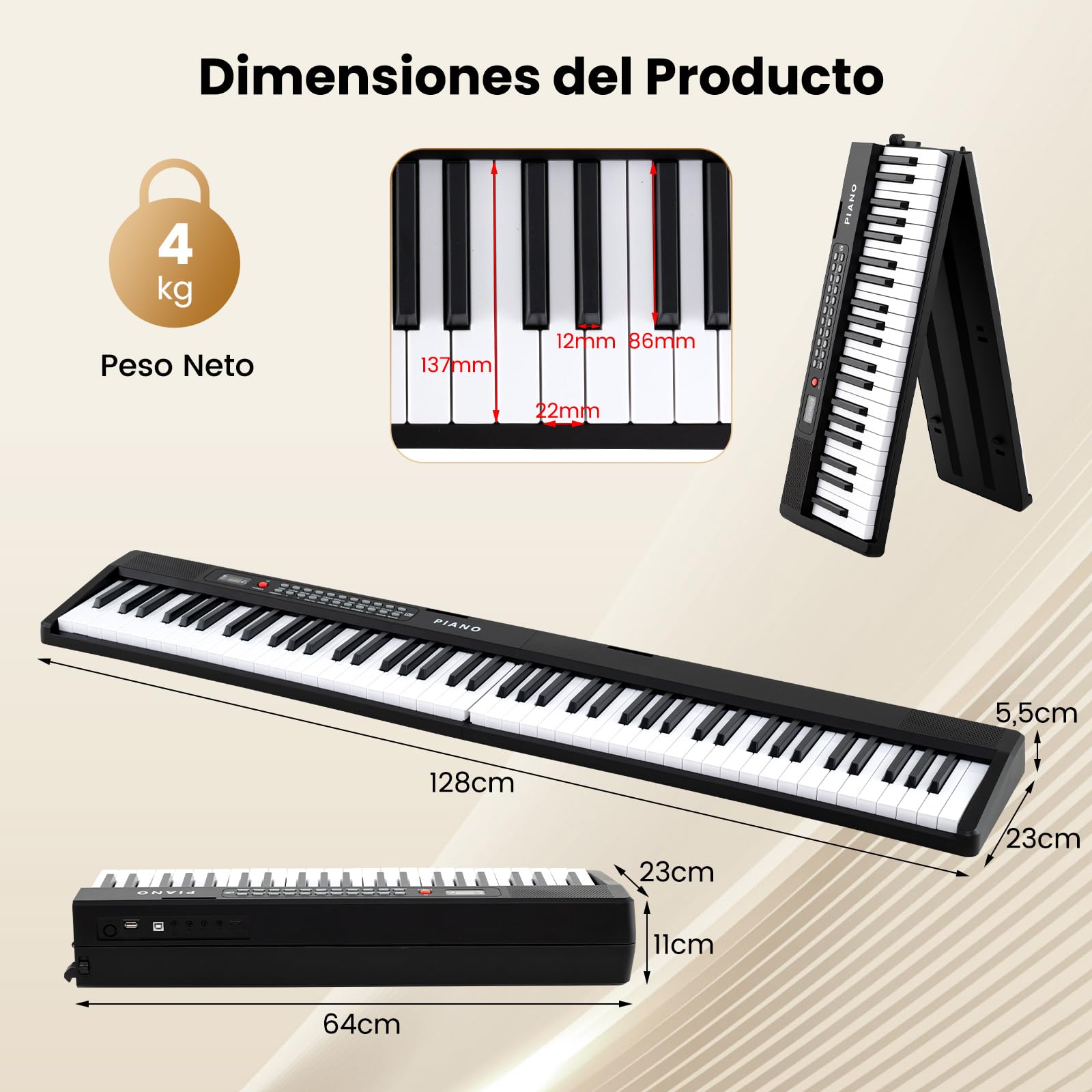 COSTWAY Teclado Piano Plegable de 88 Teclas, Teclas Piano de Teclado Digital con Teclas Semipesadas y Función de División, 3 Modos de Enseñanza, Pedal de Sustain, Piano Digital con Altavoces