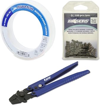 Triple Fish Fishing Bundle 80 lb Monofilament Leader 50 yd, 100 Hi-Seas Mini Double Barrel Copper Crimp Sleeves 1.0 mm ID, and Econo Crimping Pliers Blue/Black
